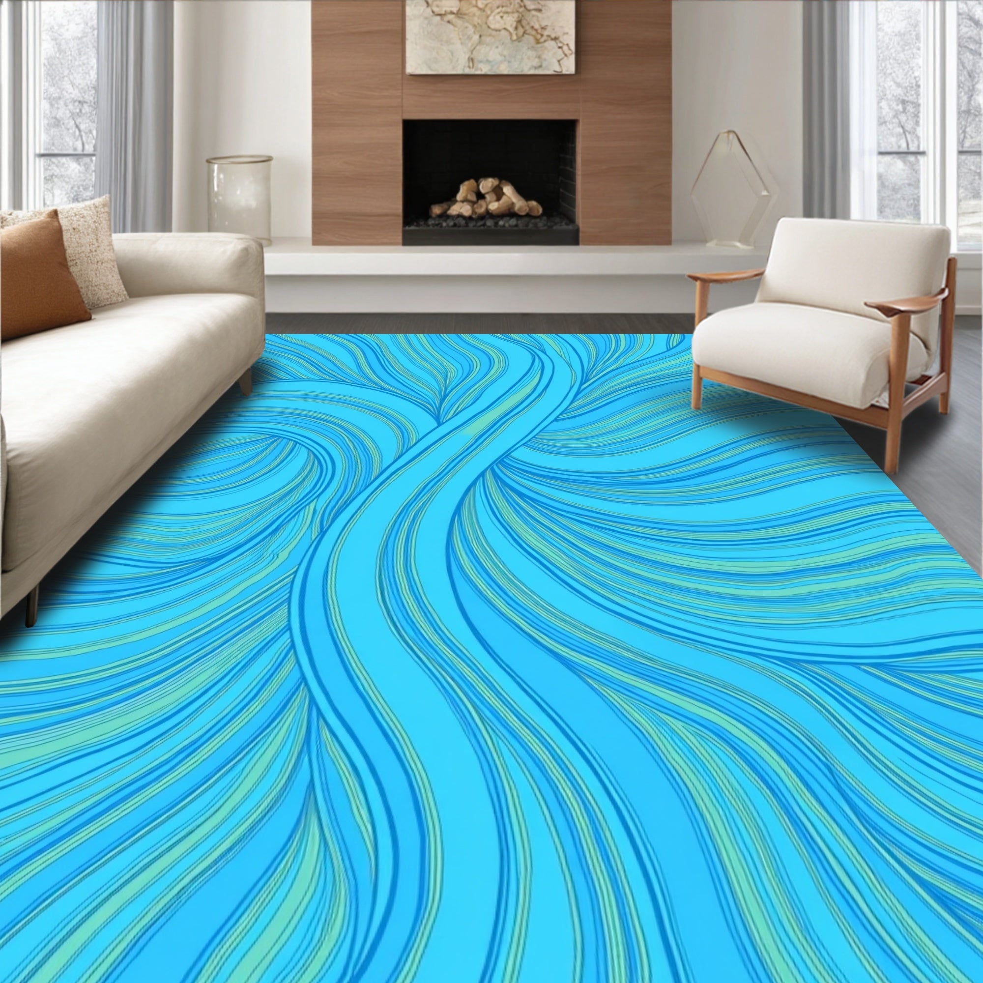 Abstract Blue Swirling Lines Design Rug