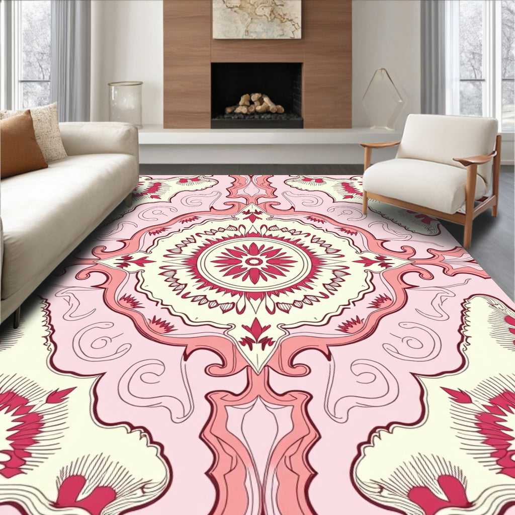 Ornate Floral Medallion Pink Cream Rug