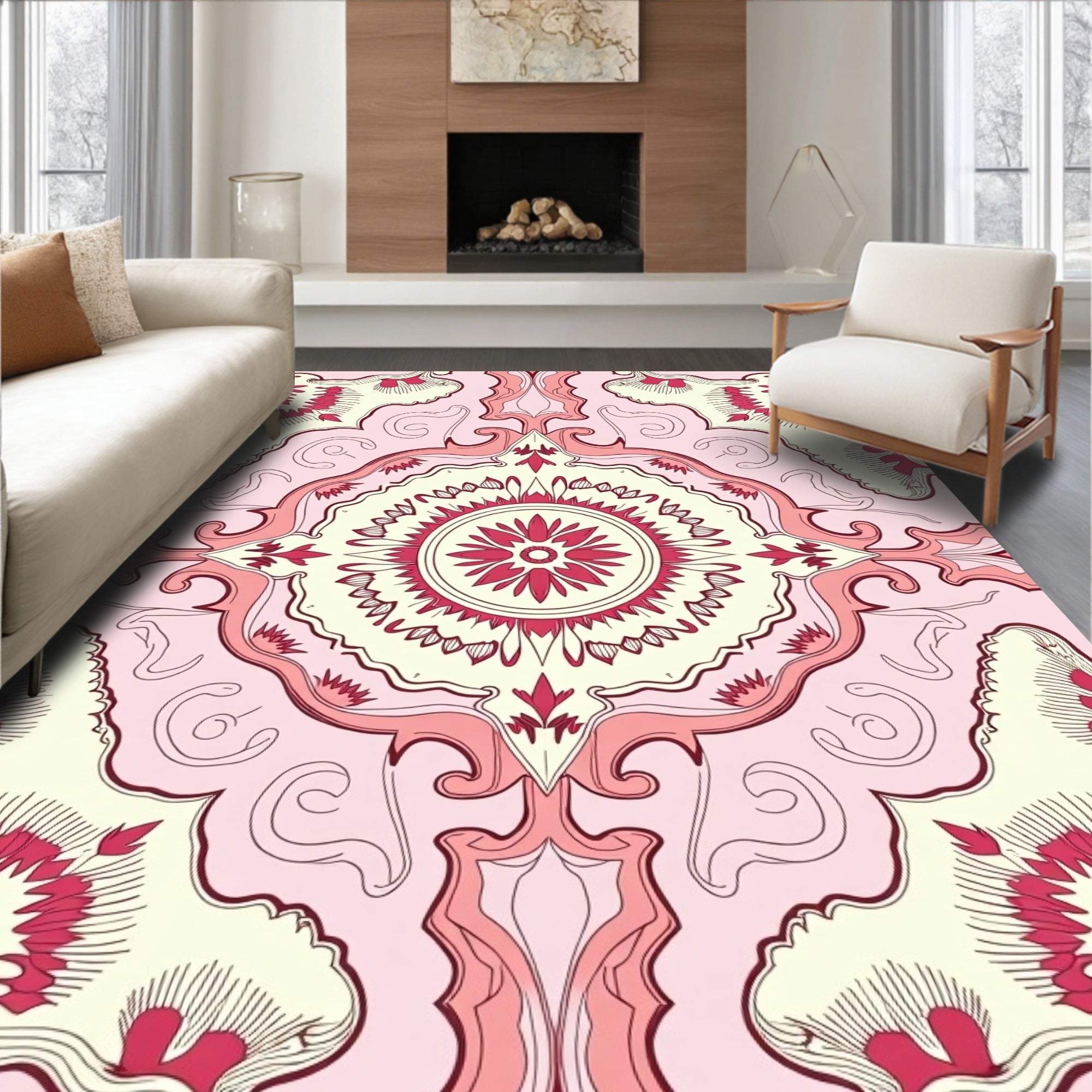 Ornate Floral Medallion Pink Cream Rug