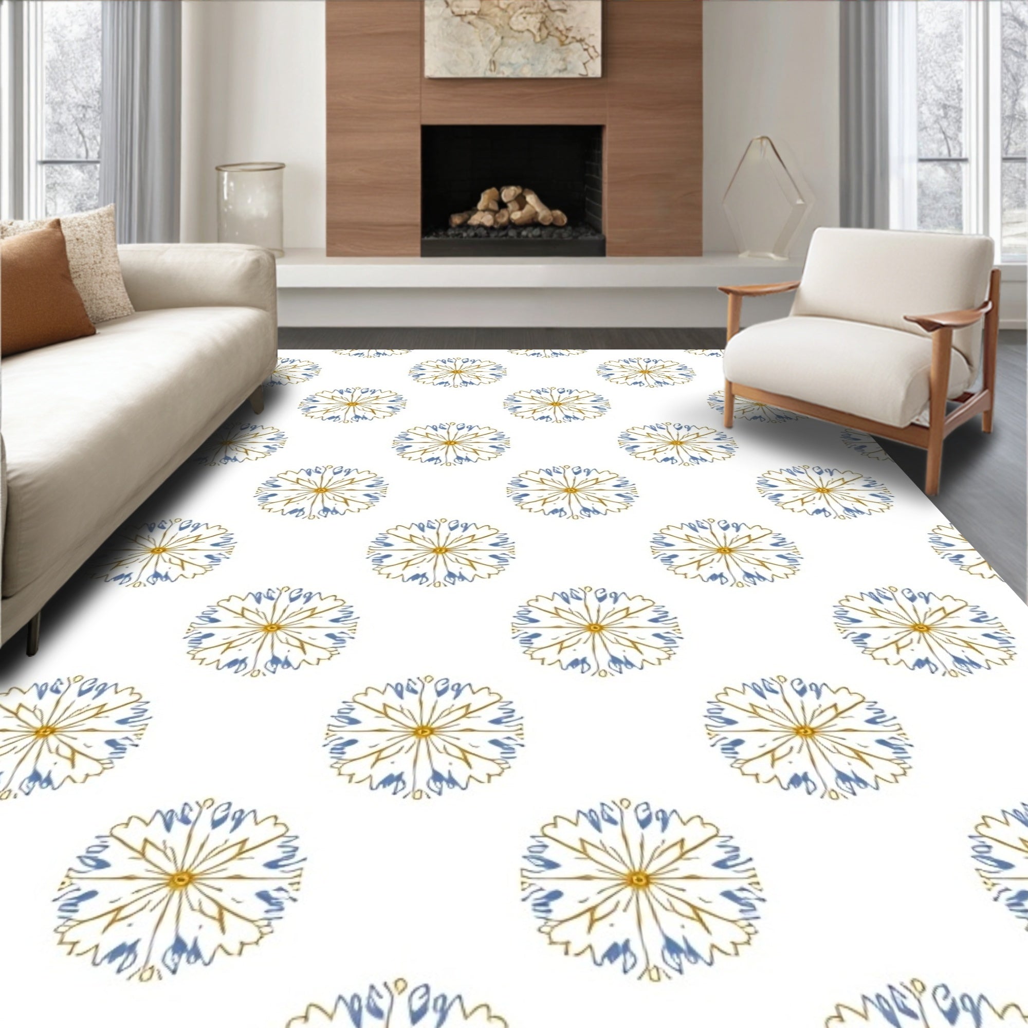 Golden Blue Dandelion Burst Repeat Rug