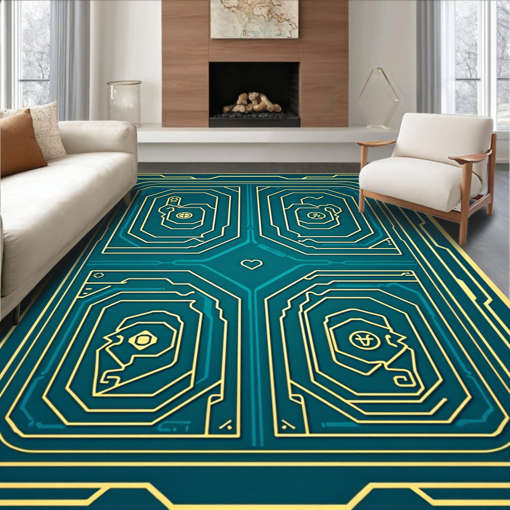 Emerald Gold Circuit Board Pattern Rug