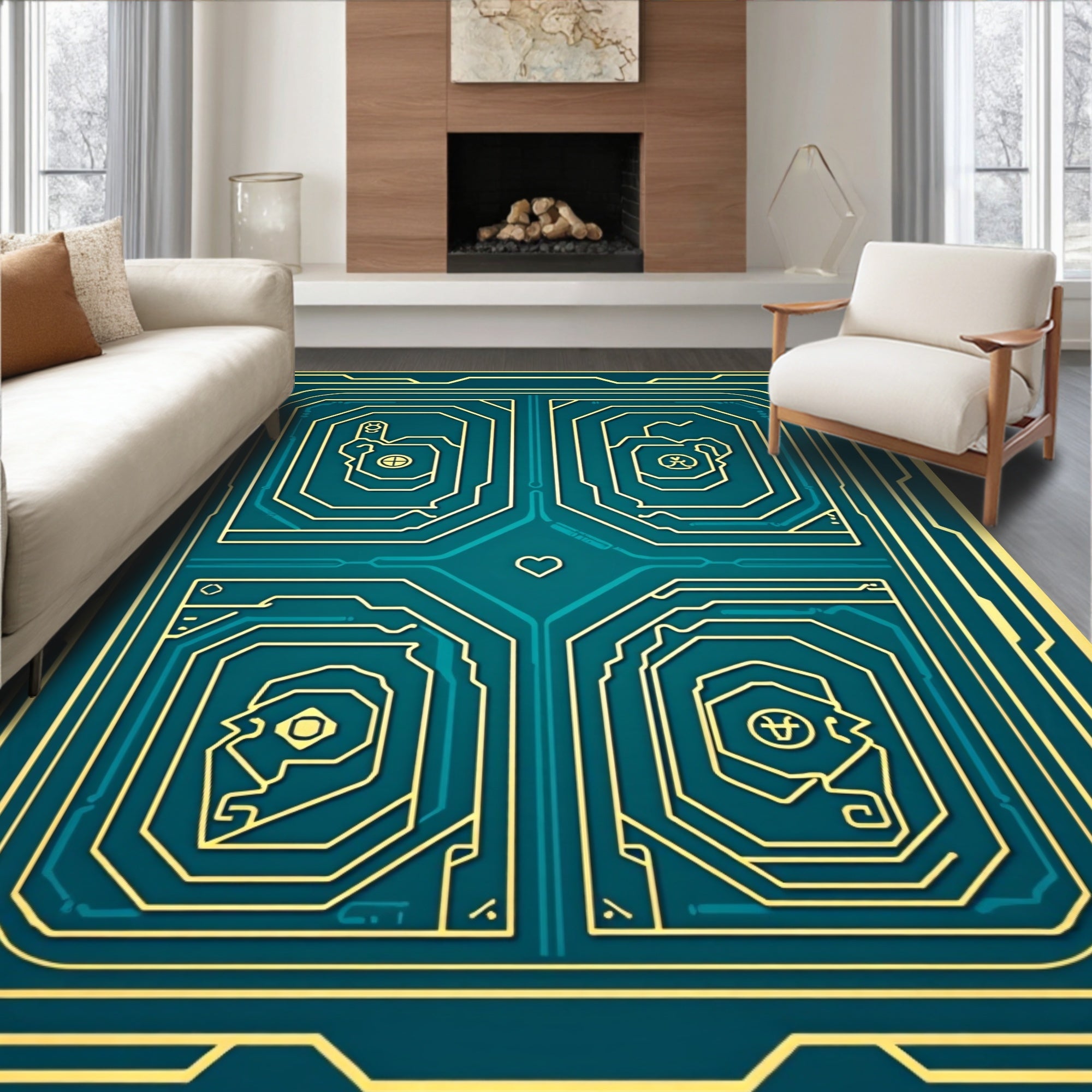 Emerald Gold Circuit Board Pattern Rug