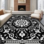 Black White Intricate Mandala Floral Design Rug
