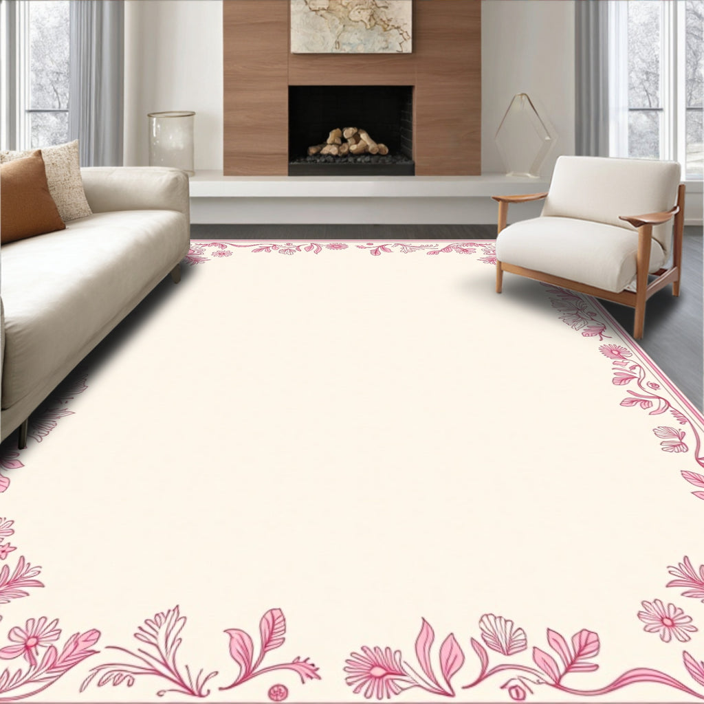 Pink Floral Scroll Border Design Rug