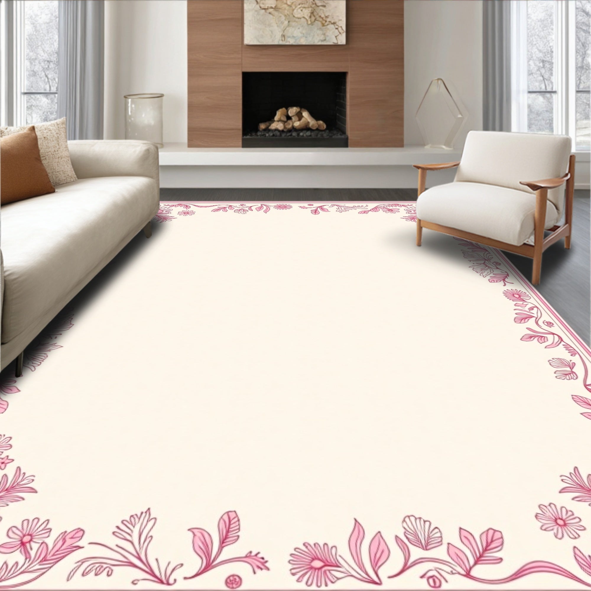 Pink Floral Scroll Border Design Rug