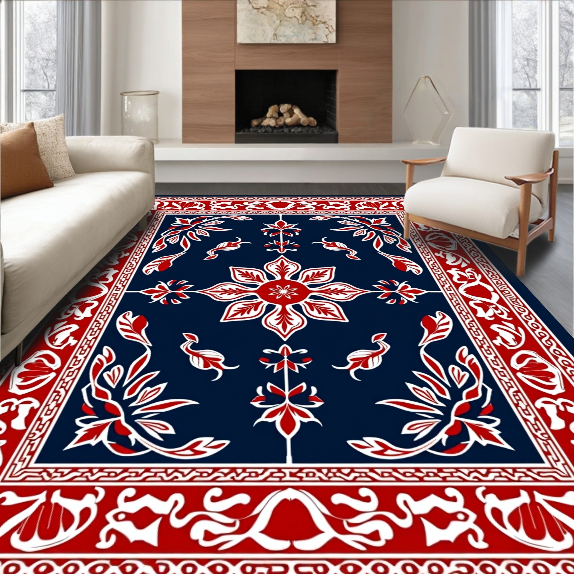 Classic Red White Blue Floral Design Rug