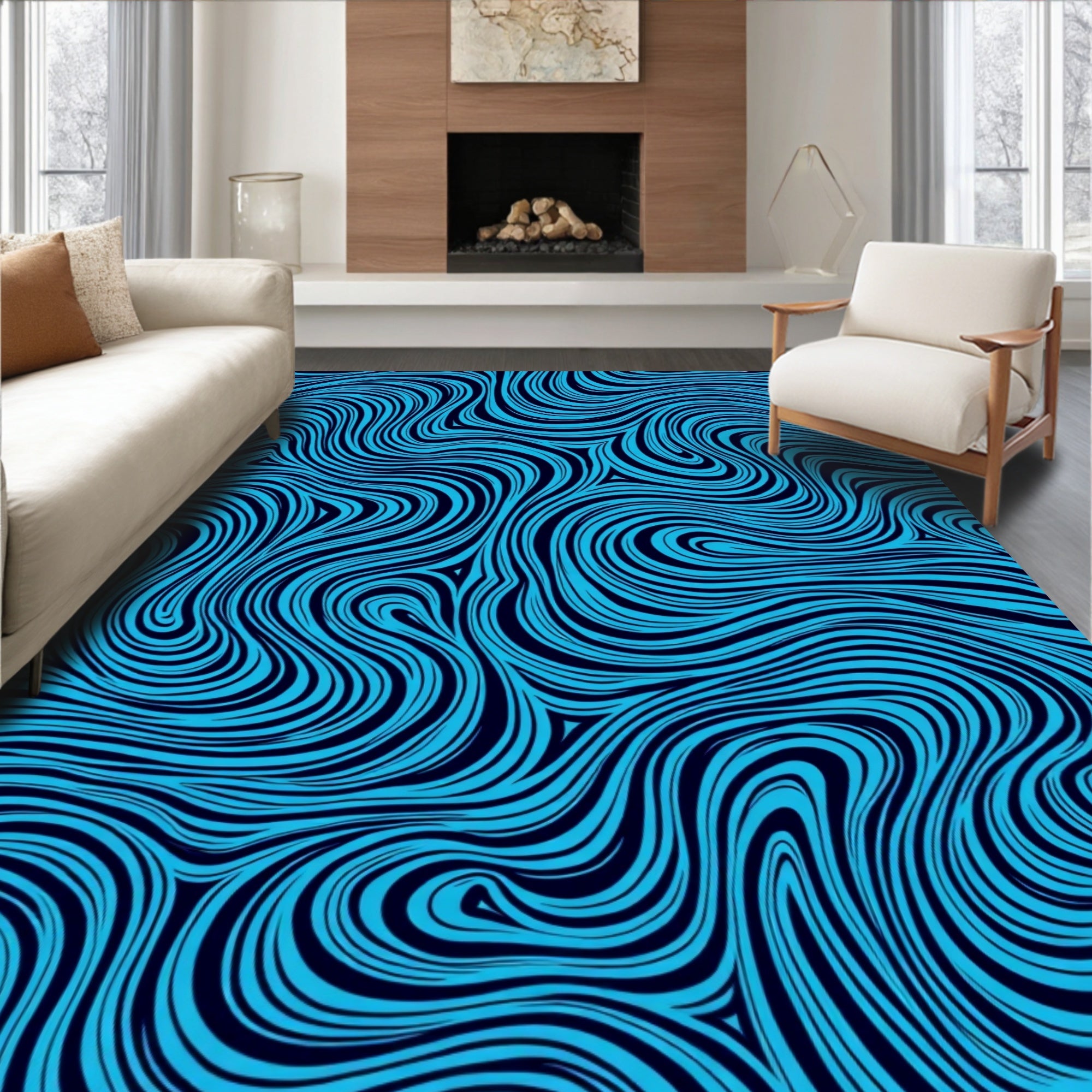 Abstract Blue Swirl Pattern Rug