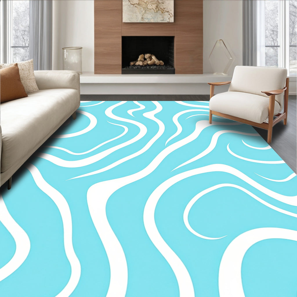 Aqua White Organic Swirl Pattern Rug