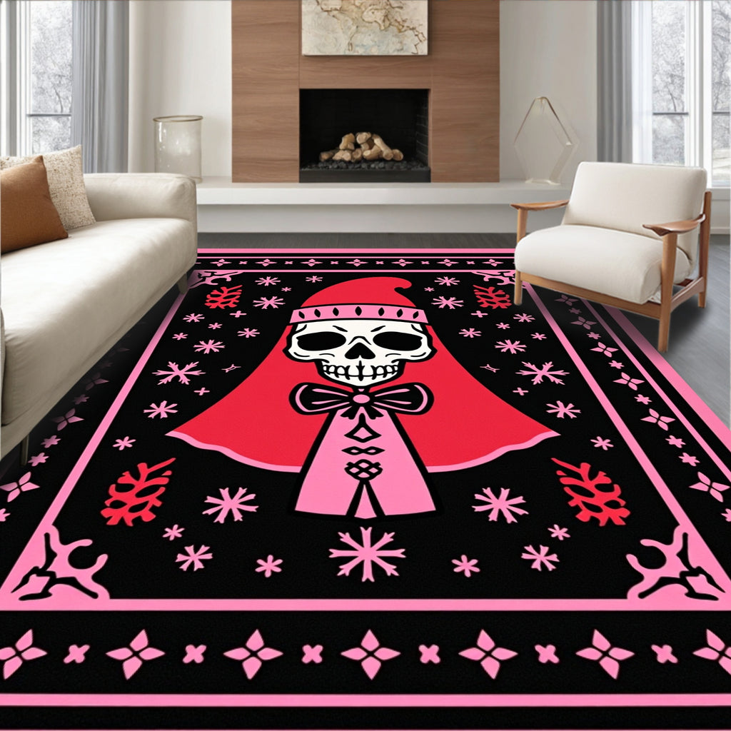 Cosmic Skull Red Pink Snowflake Border Rug