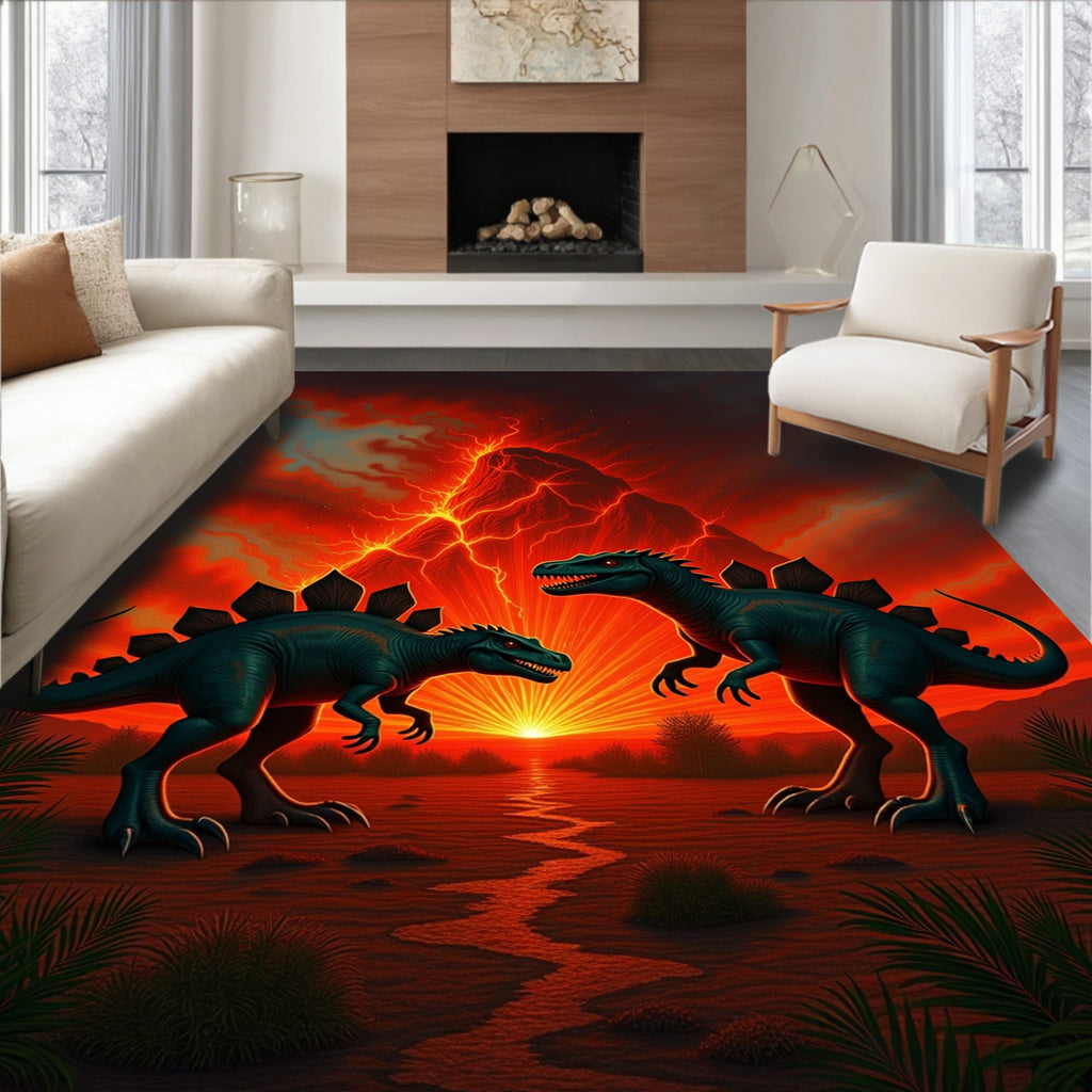 Ancient Dinosaur Volcano Sunset Scene Rug