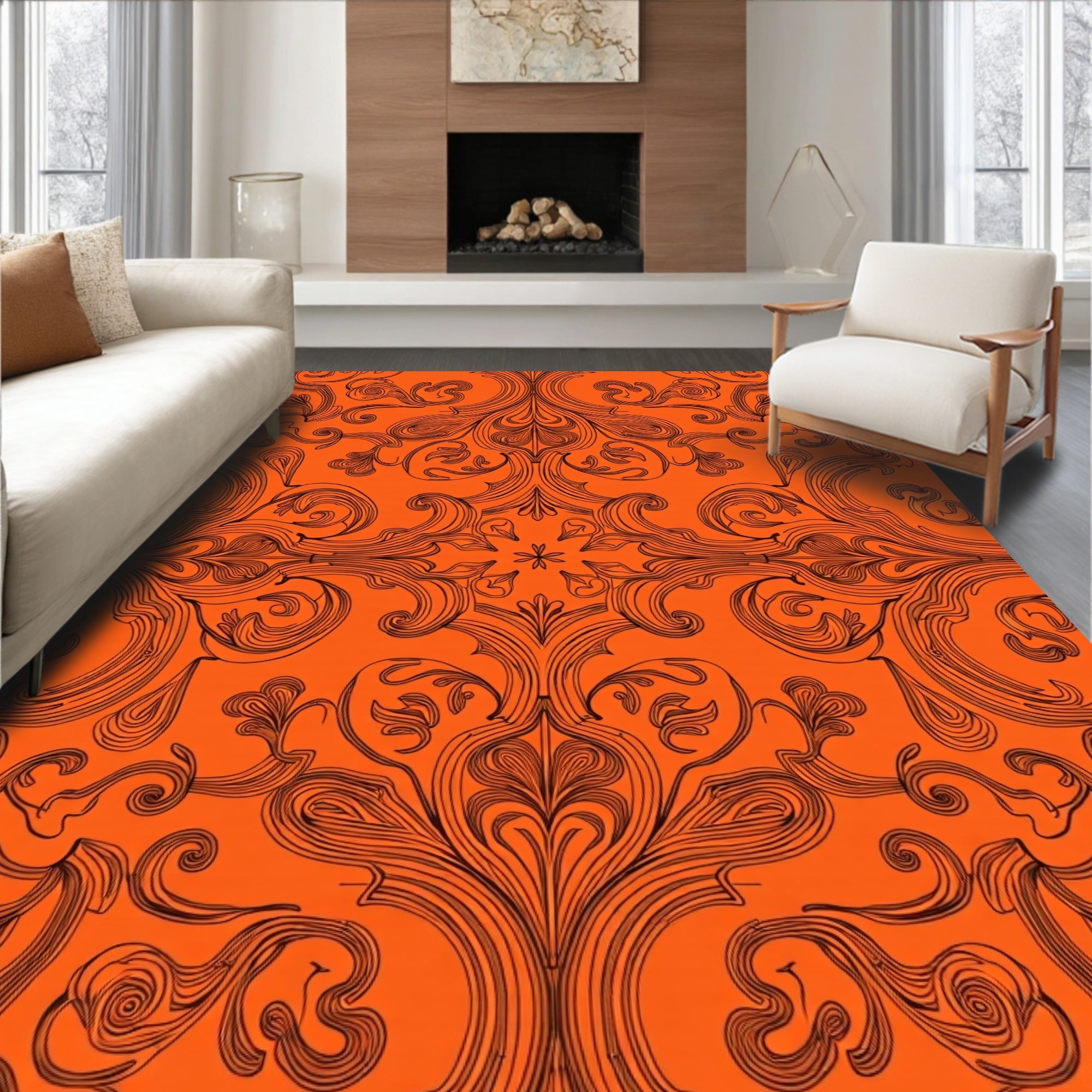 Bold Orange Baroque Swirl Pattern Rug