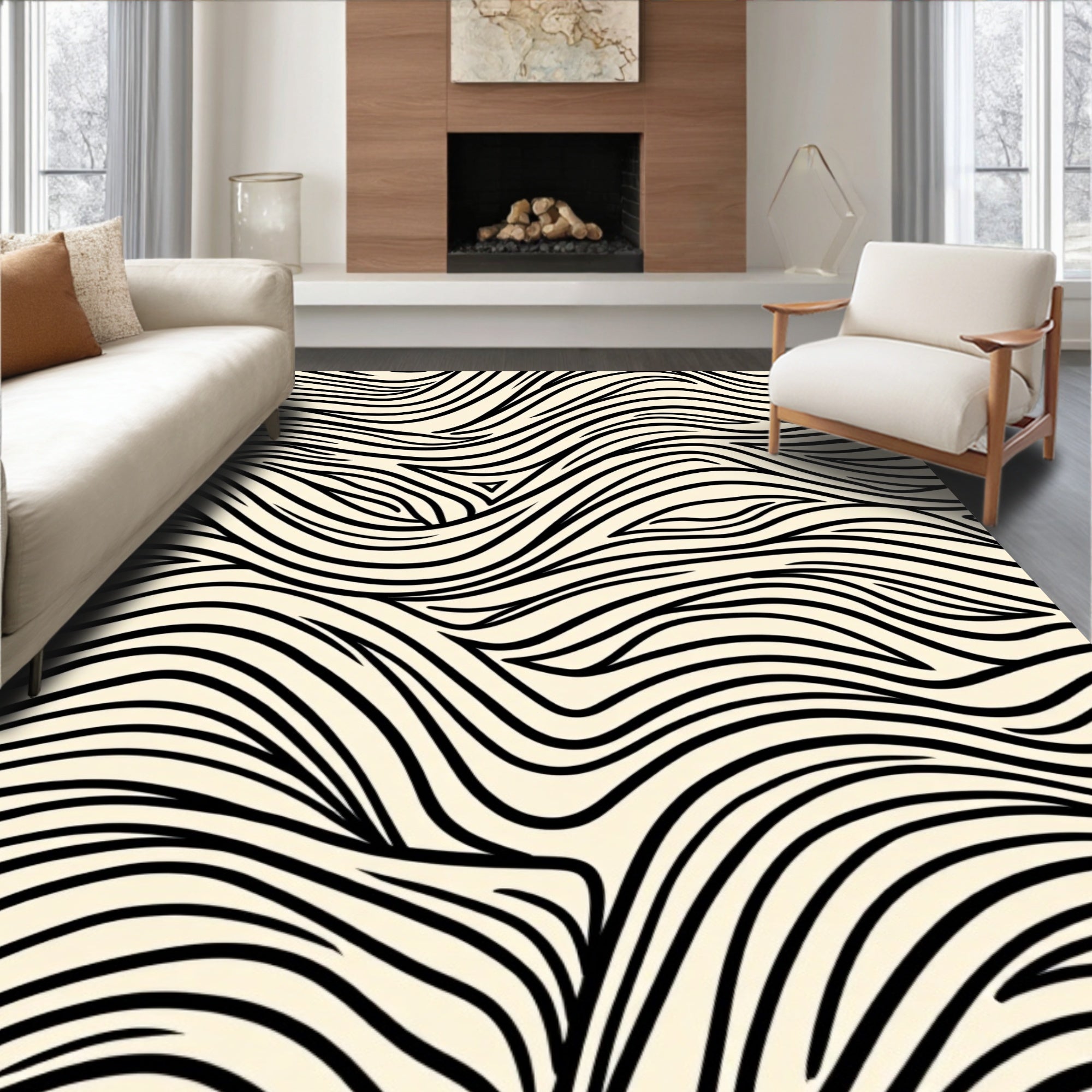 Black Cream Wavy Flow Pattern Rug