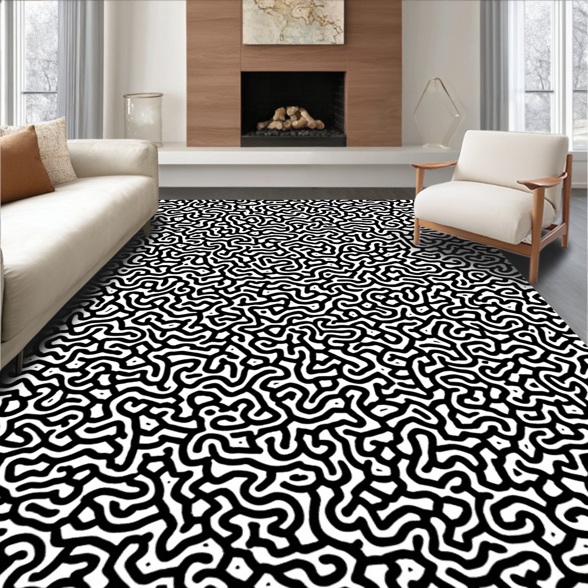 Abstract Black White Maze Pattern Rug