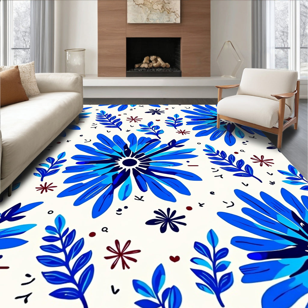 Vibrant Blue Floral Branch Pattern Rug