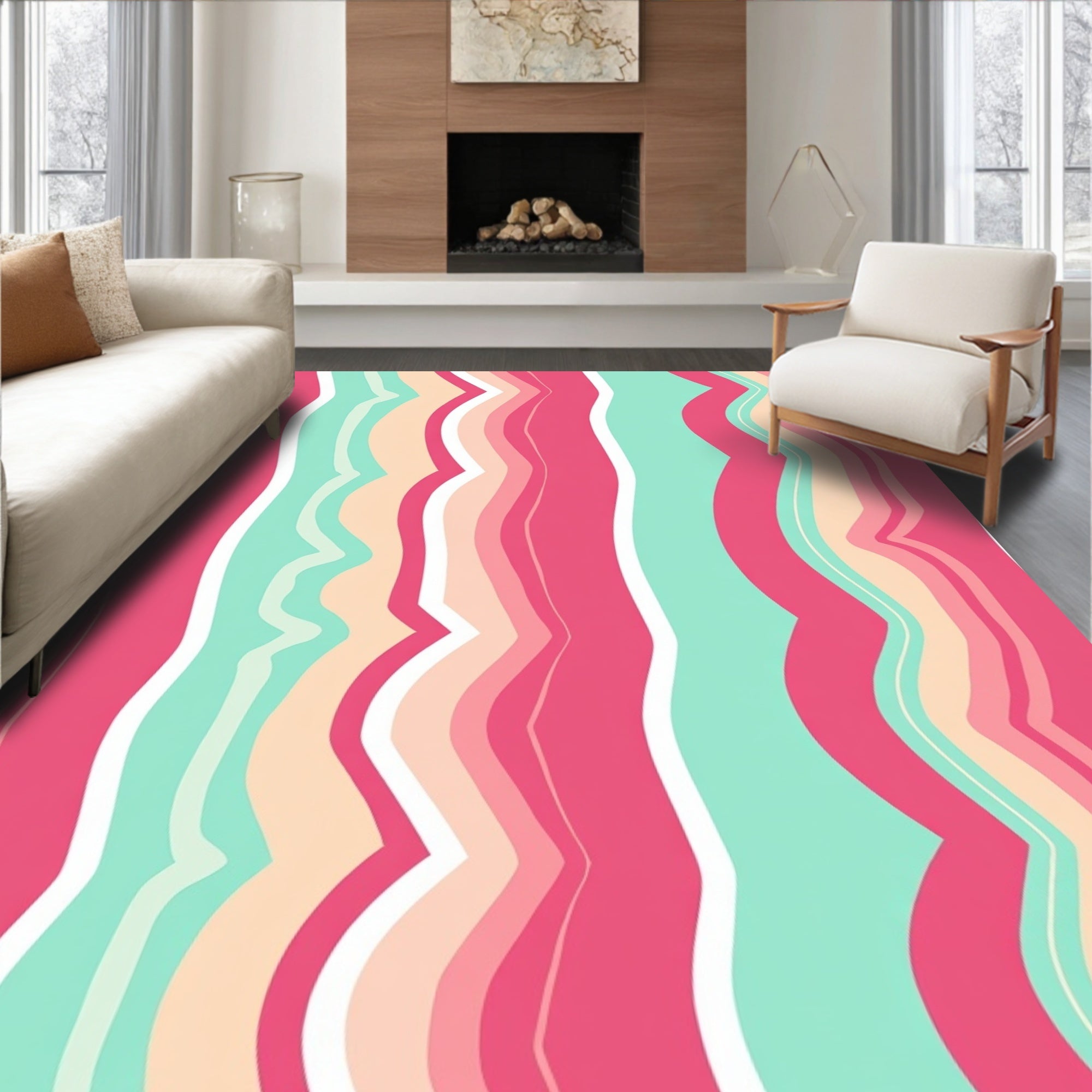 Pink Aqua Cream Wavy Stripes Rug