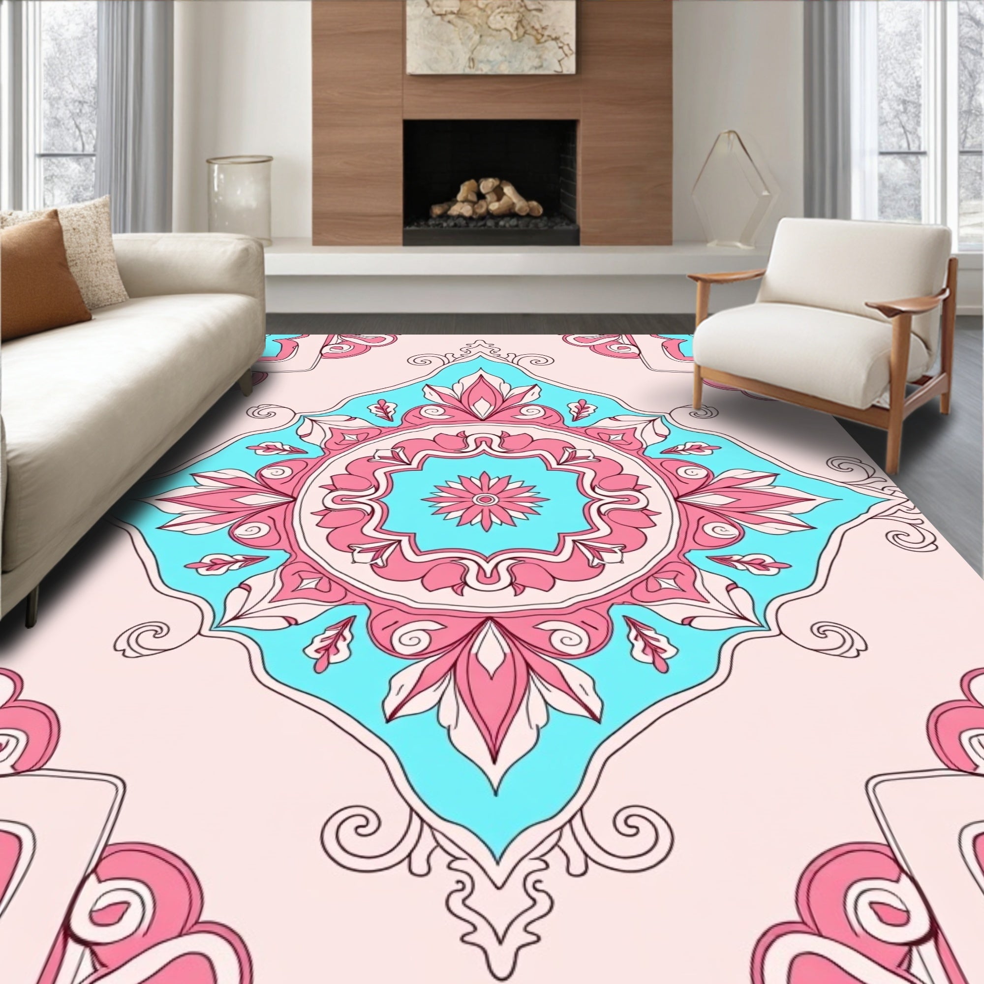 Pink Teal Floral Symmetry Pattern Rug