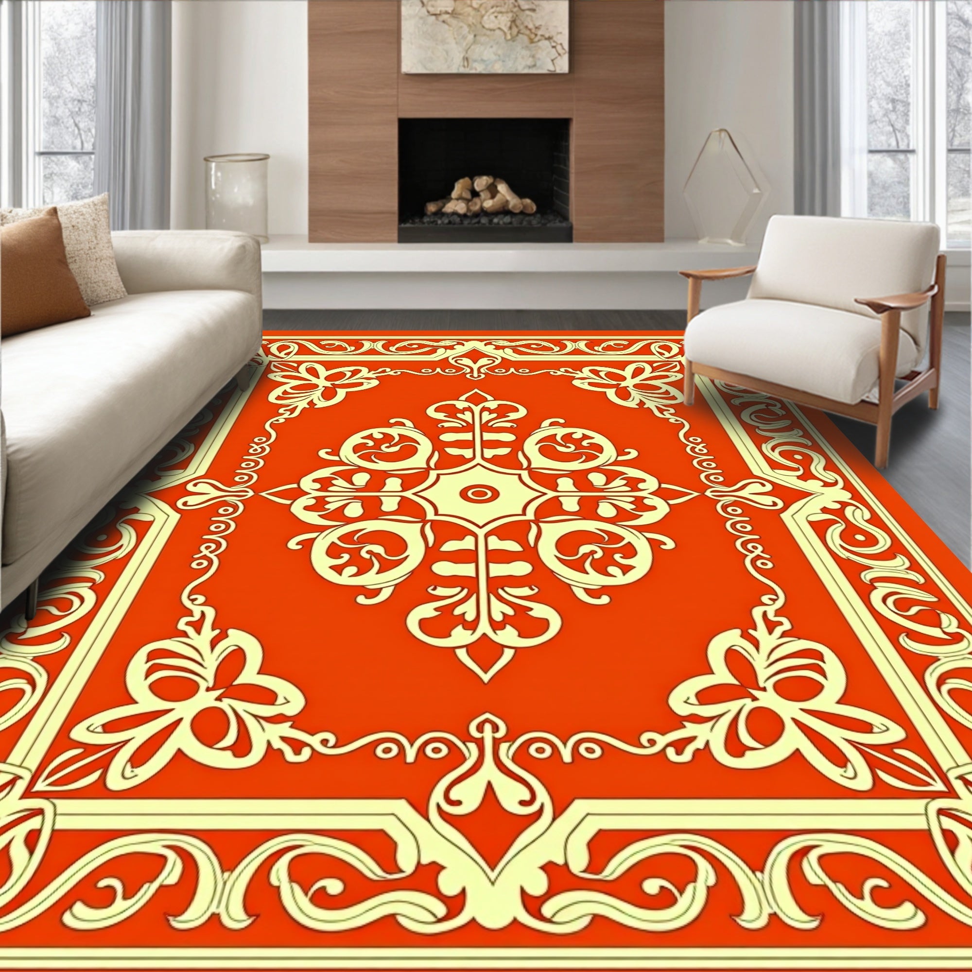 Orange Floral Scroll Pattern Rug