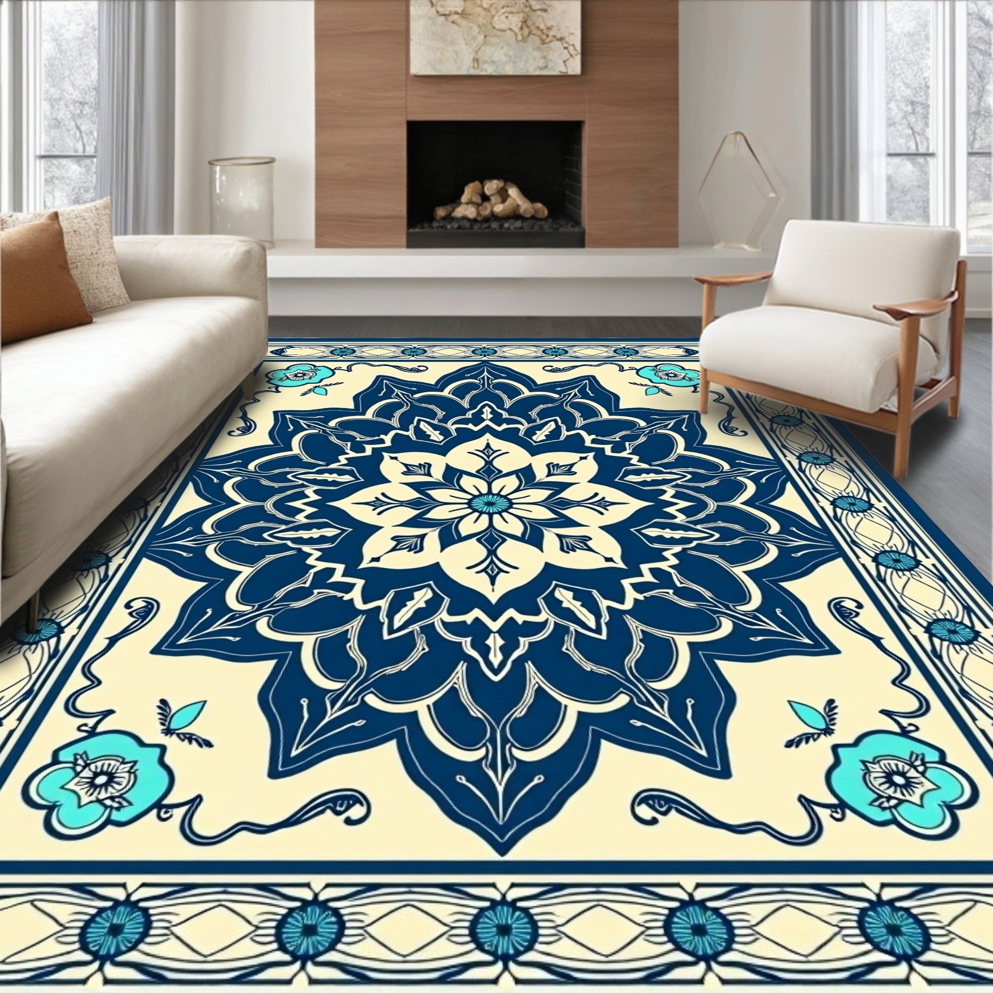 Navy Blue Floral Mandala Pattern Rug