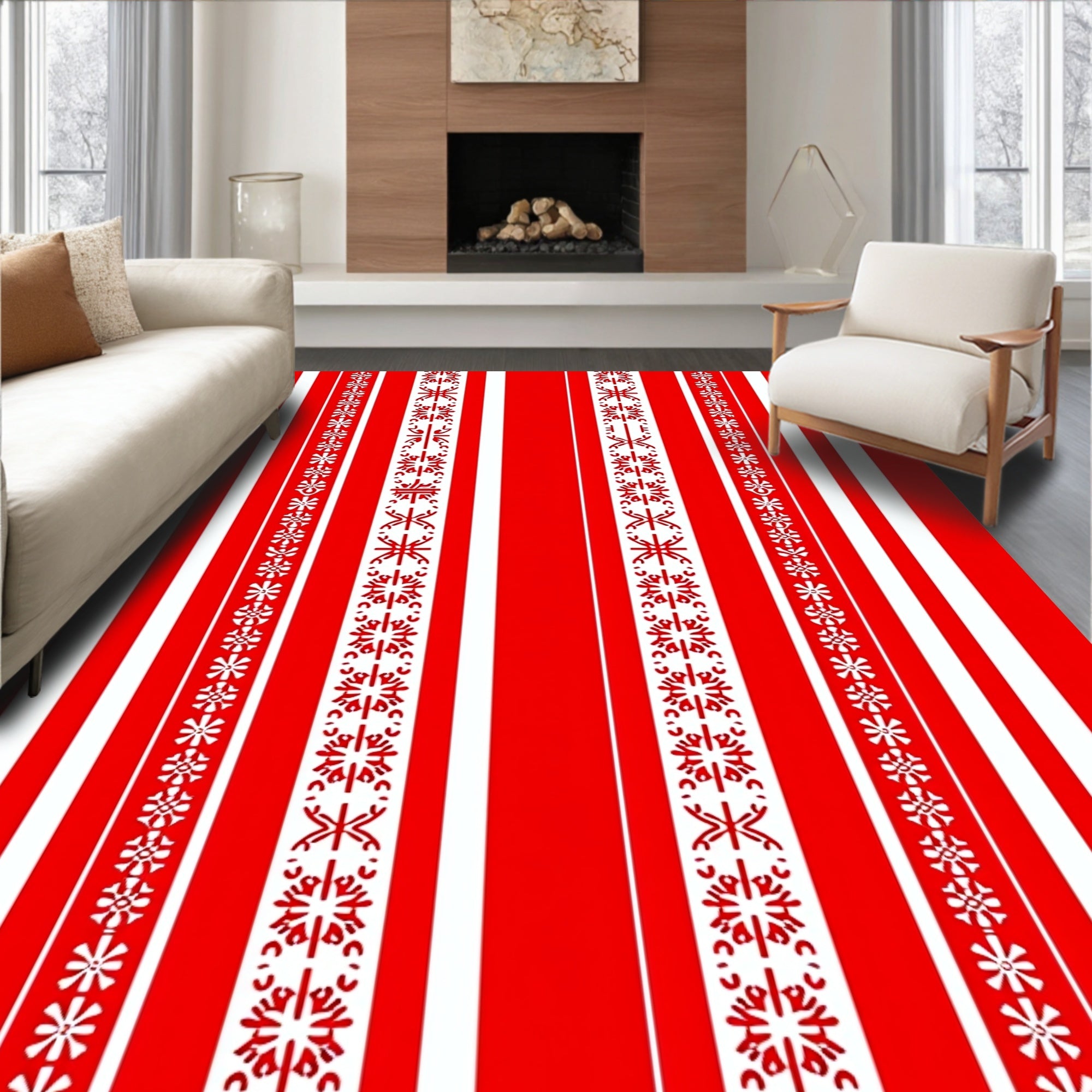 Red White Vertical Folk Stripe Rug