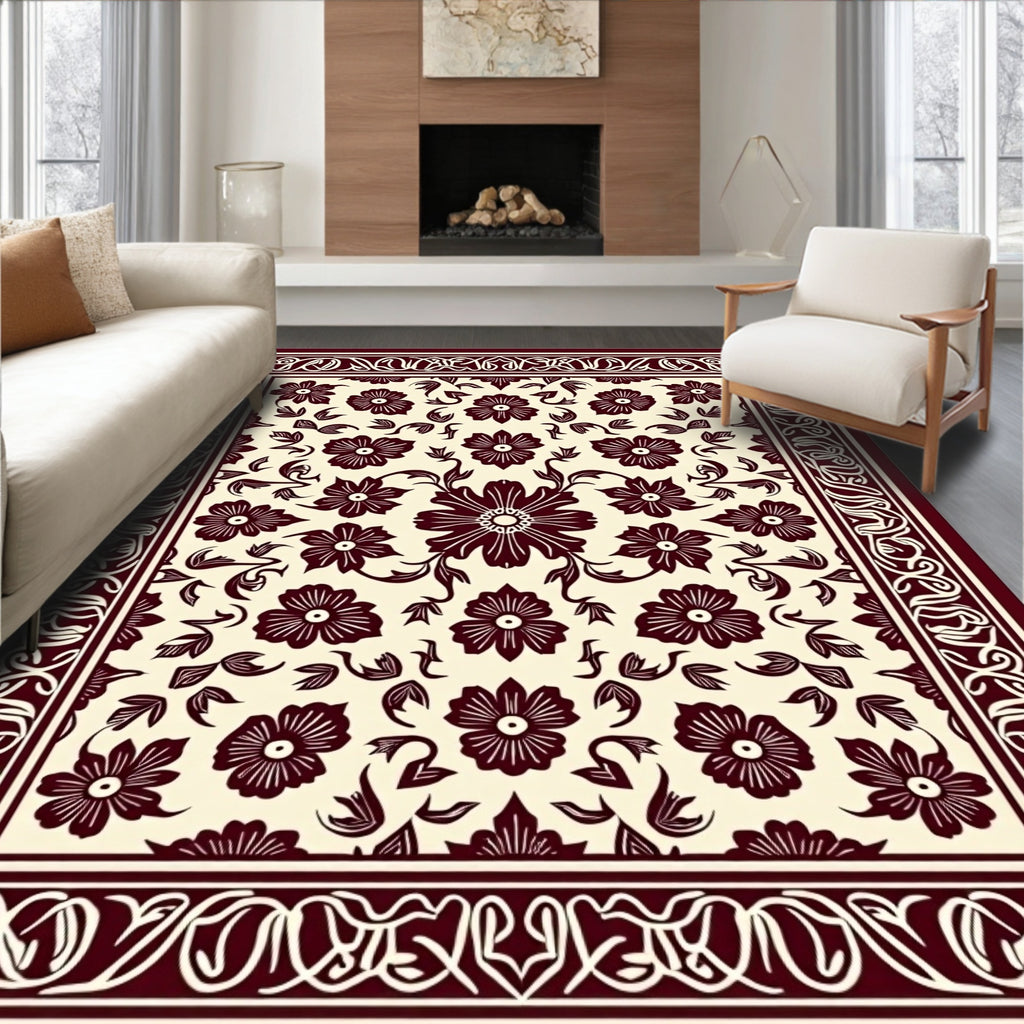 Ornate Floral Vines Burgundy Cream Rug