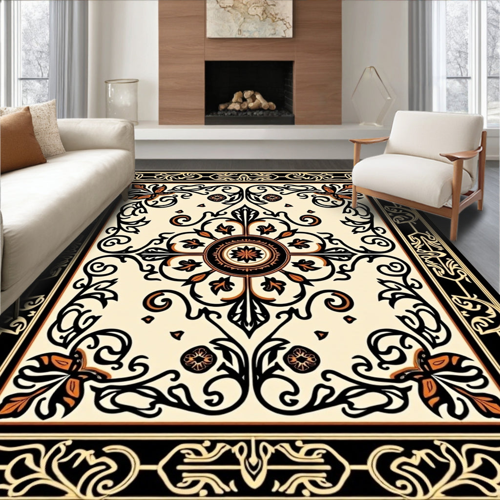 Ornate Black Gold Floral Medallion Rug