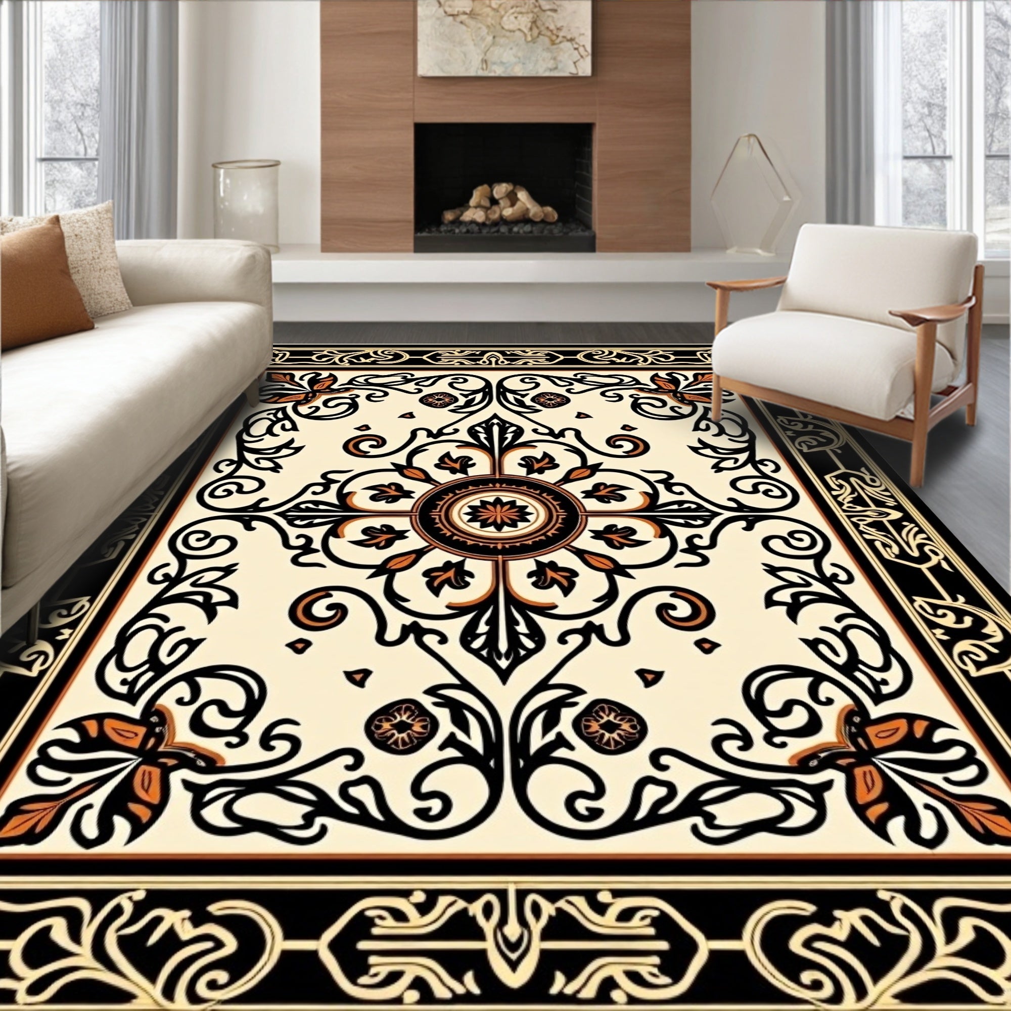 Ornate Black Gold Floral Medallion Rug