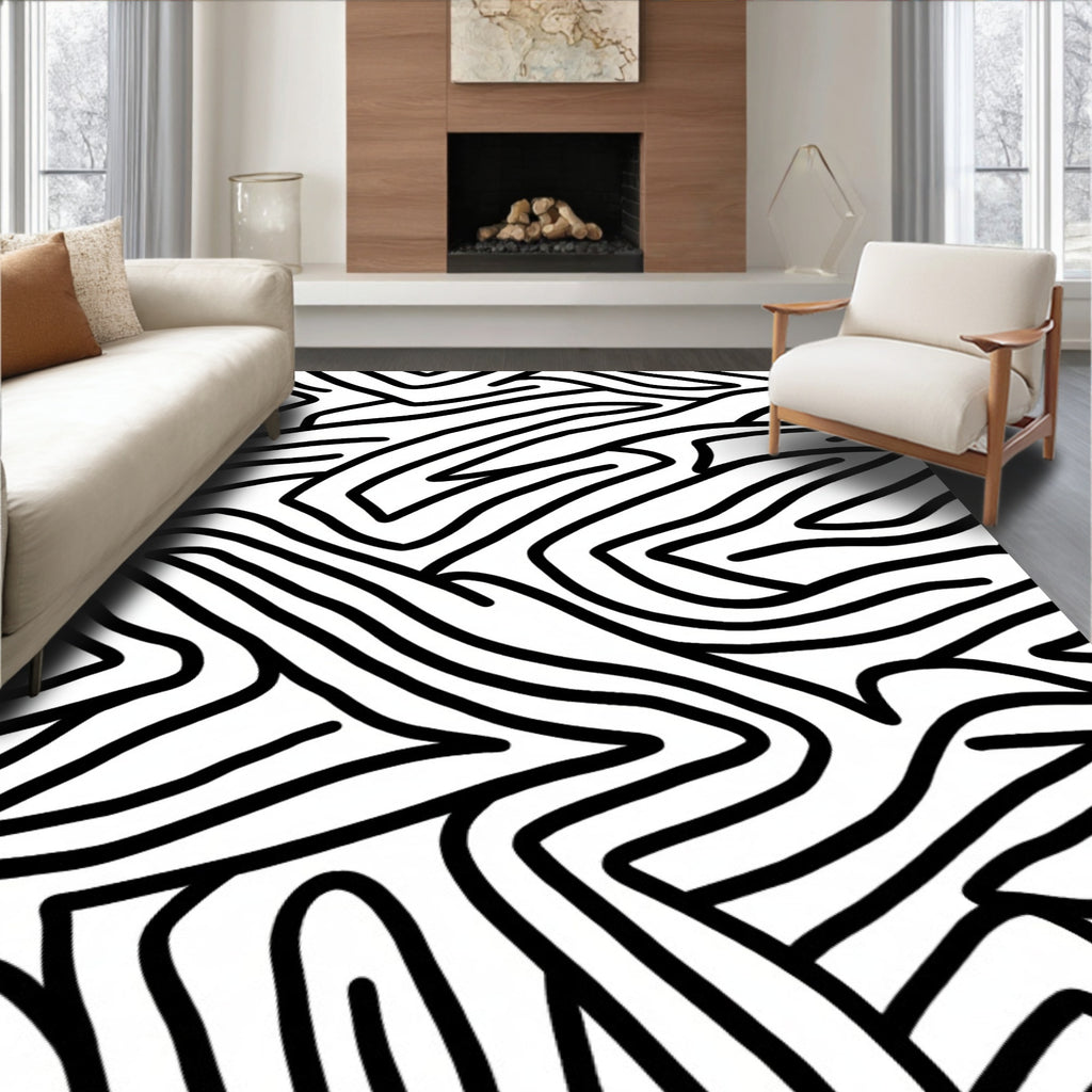 Abstract Black White Wavy Pattern Rug