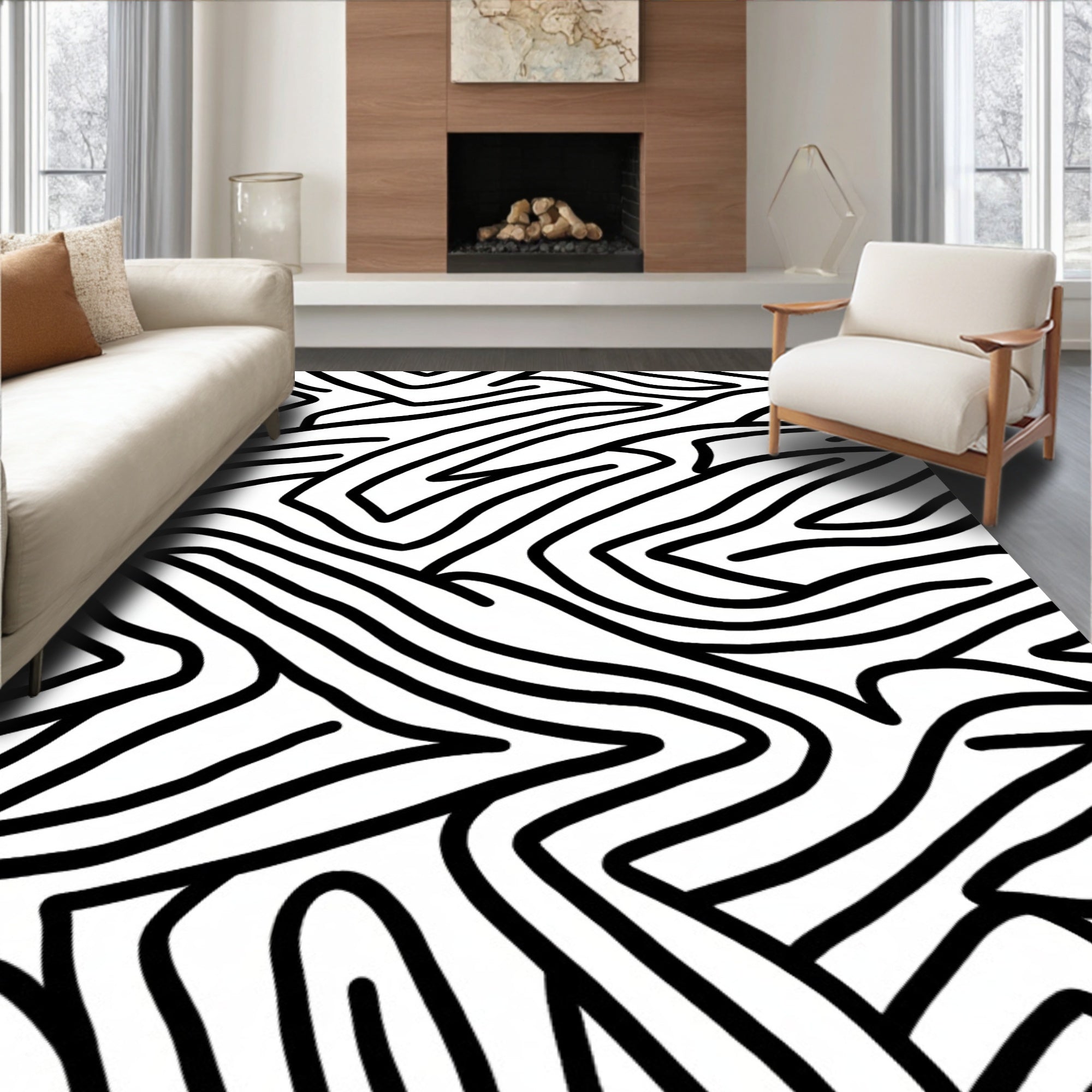 Abstract Black White Wavy Pattern Rug