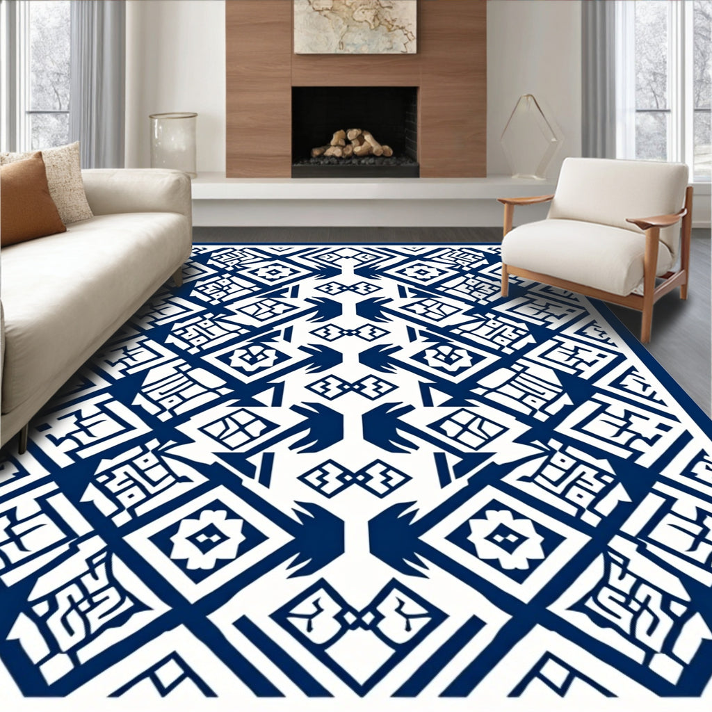 Bold Navy Geometric Ethnic Pattern Rug