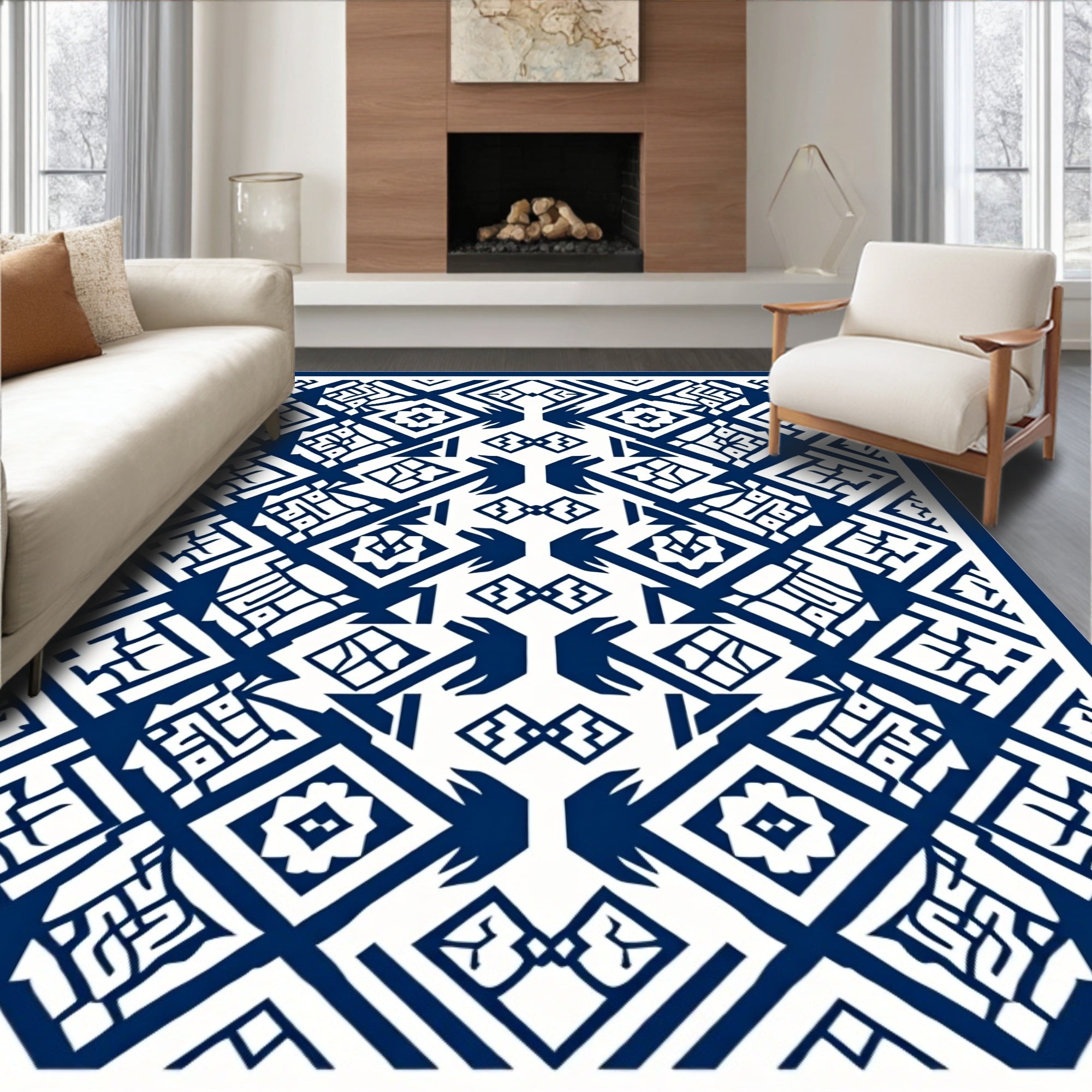 Bold Navy Geometric Ethnic Pattern Rug
