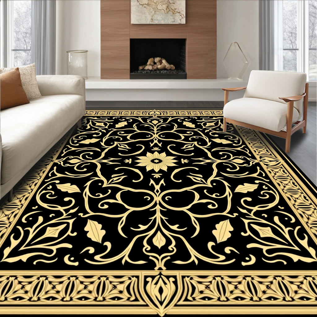 Golden Floral Scroll Pattern Rug