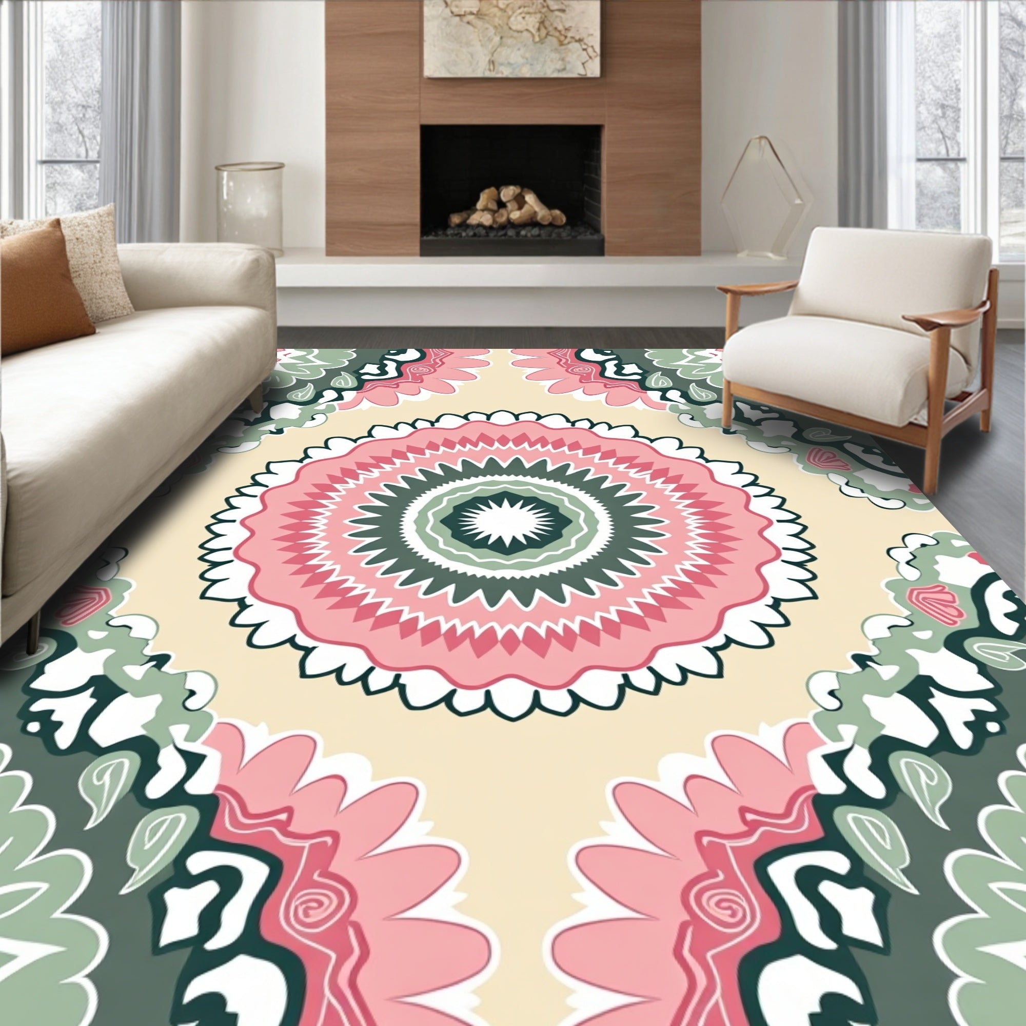 Mandala Inspired Pink Green Medallion Pattern Rug