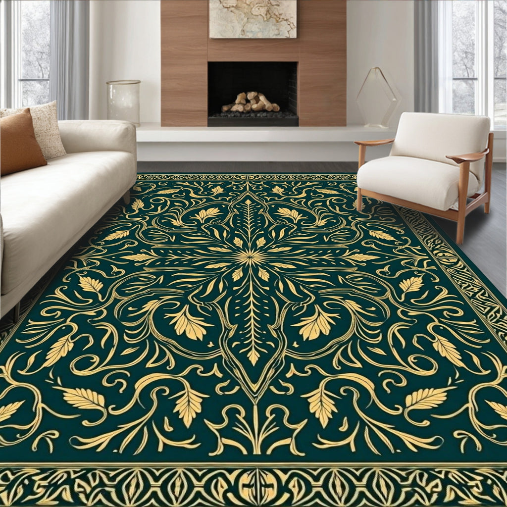 Deep Teal Gold Floral Mandala Rug