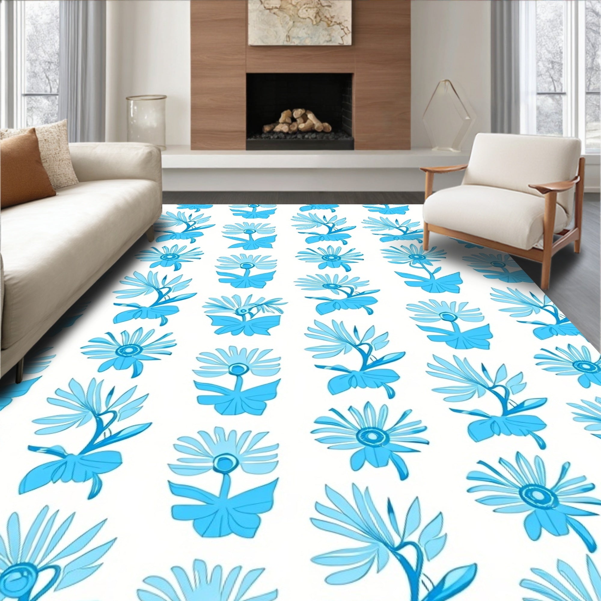 Blue Stylized Daisy Pattern Rug