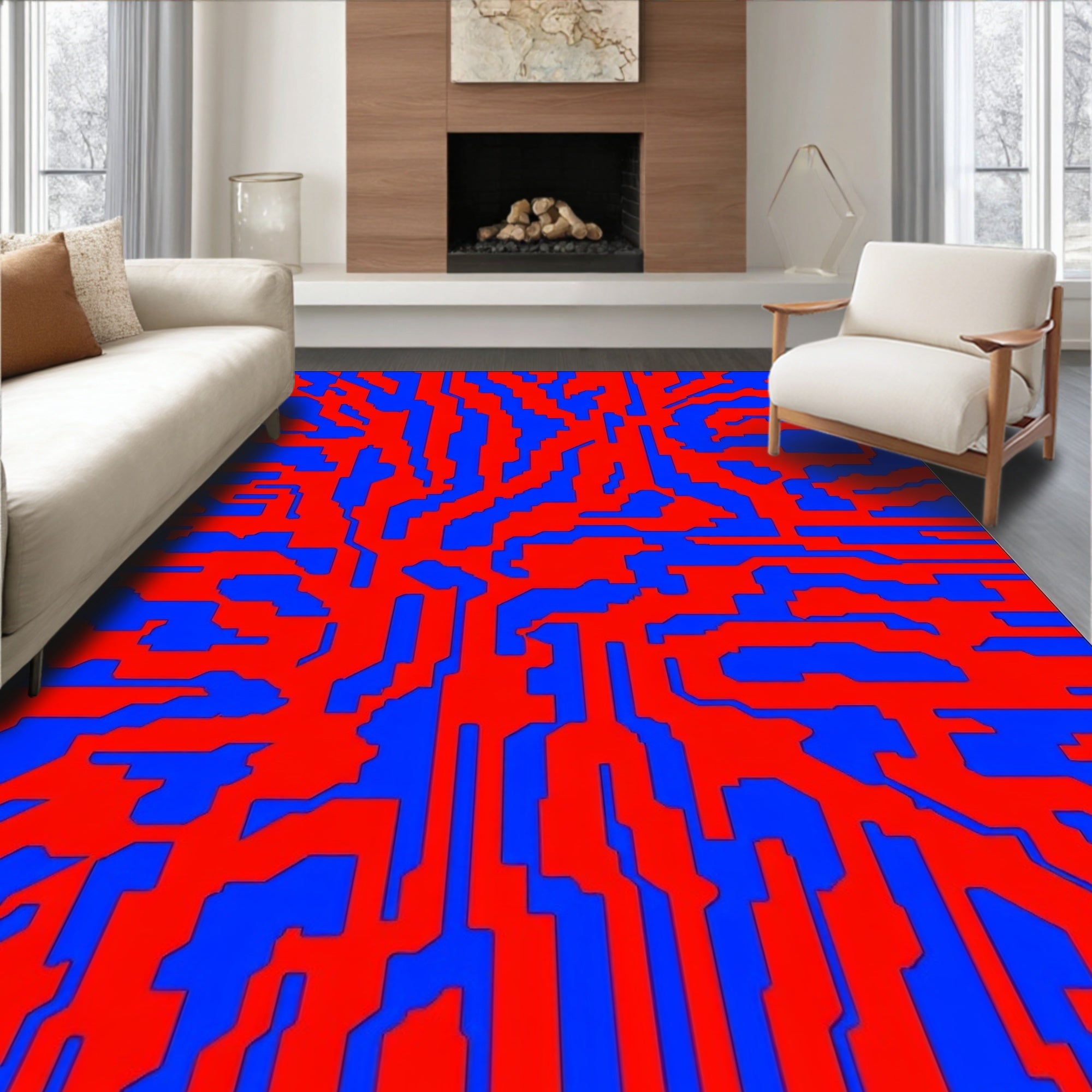 Red Blue Abstract Organic Pattern Rug
