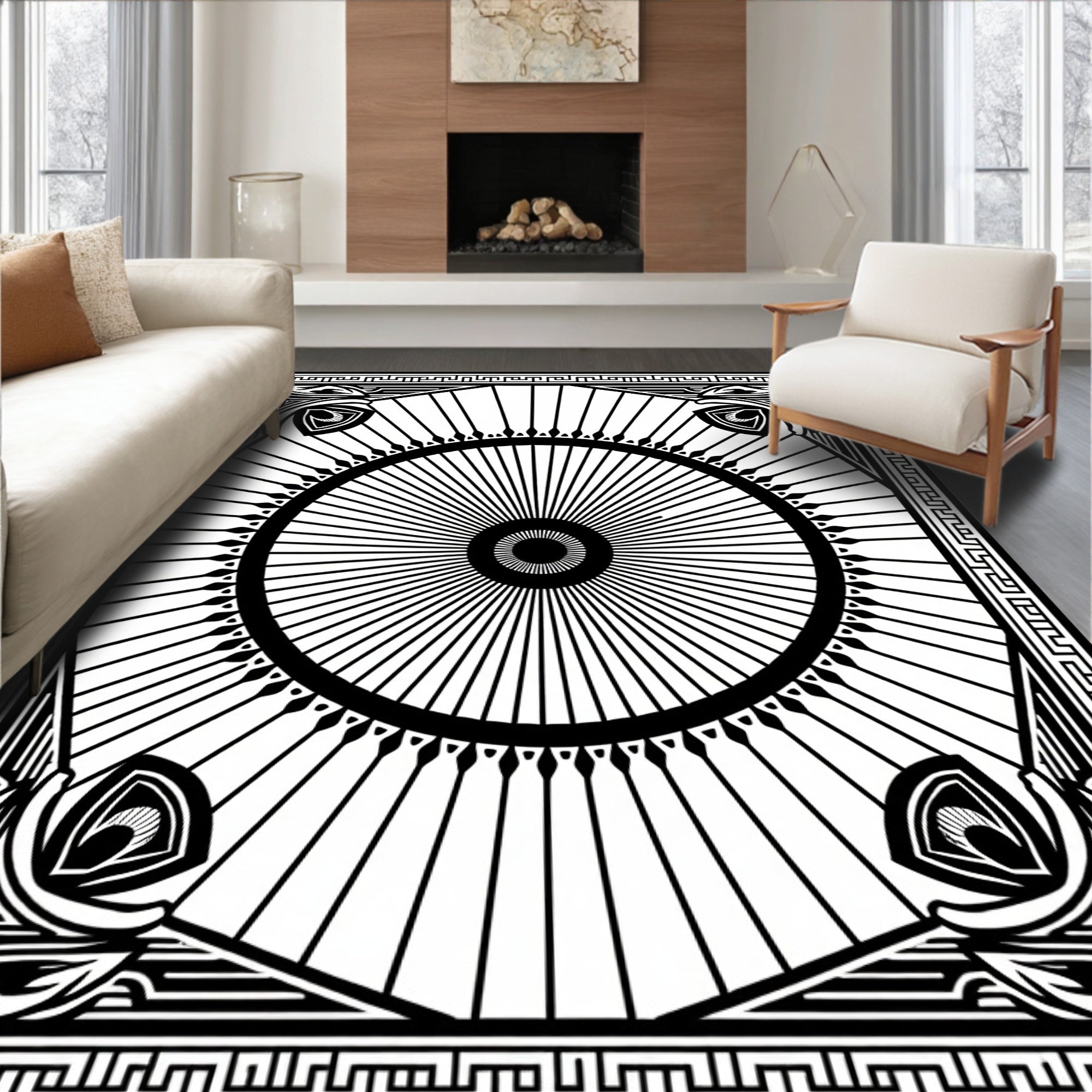 Geometric Sunburst Abstract Border Design Rug