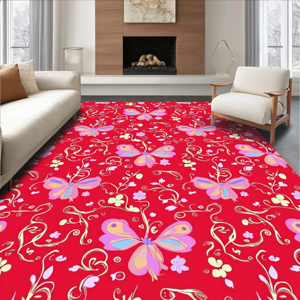 Whimsical Butterflies Flowering Vines Design Rug