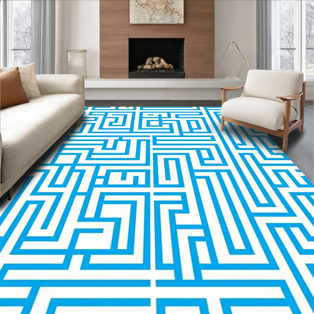 Bold Blue Maze Pattern Rug