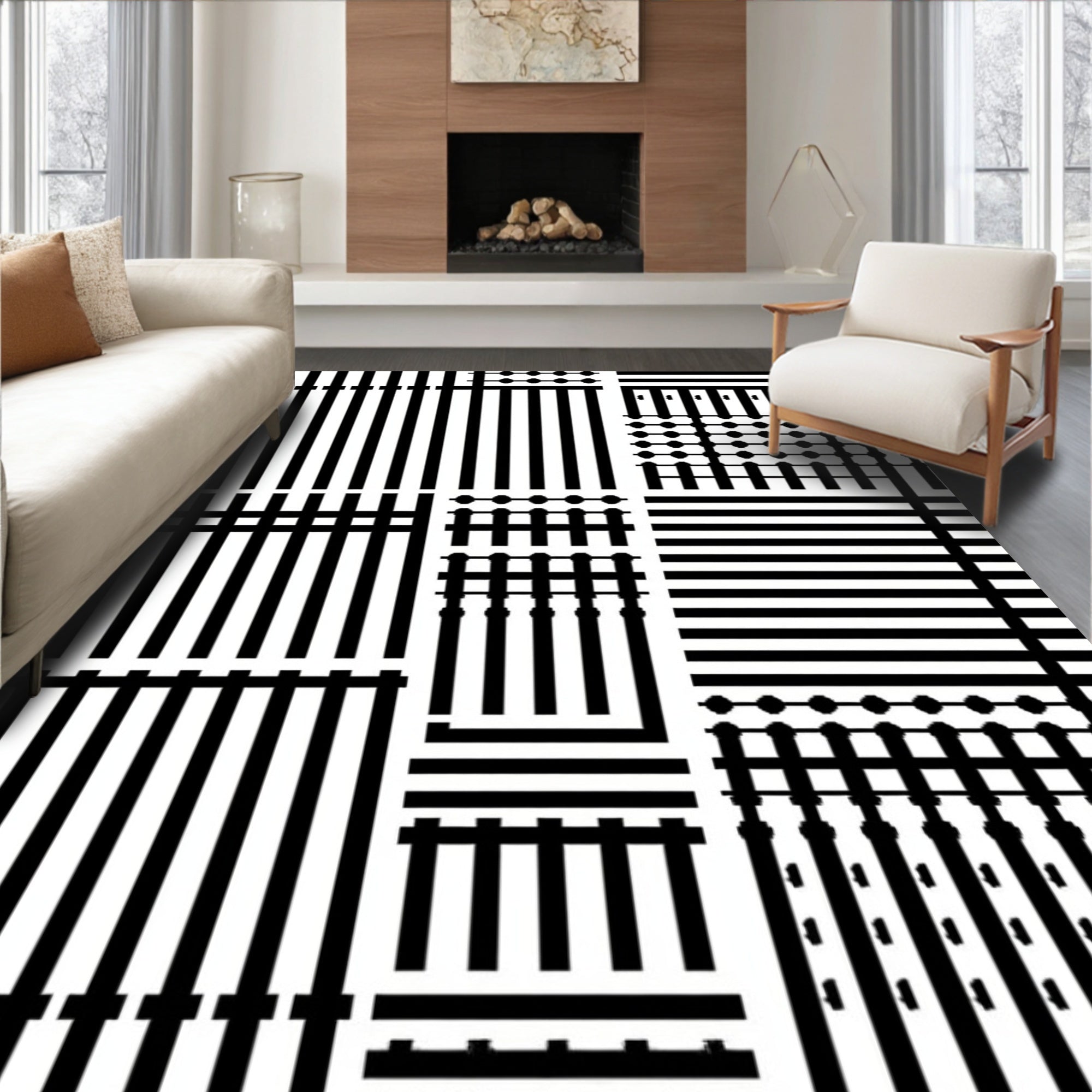 Black White Geometric Grid Pattern Rug