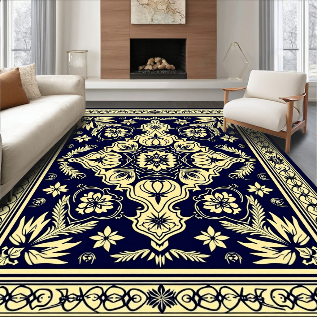 Navy Yellow Floral Mandala Pattern Rug