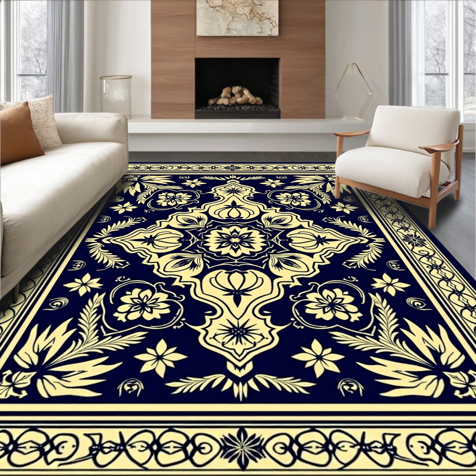Navy Yellow Floral Mandala Pattern Rug
