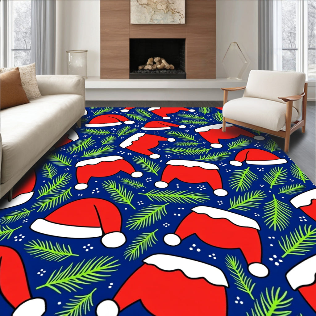 Red Santa Hats Pine Garland Navy Rug