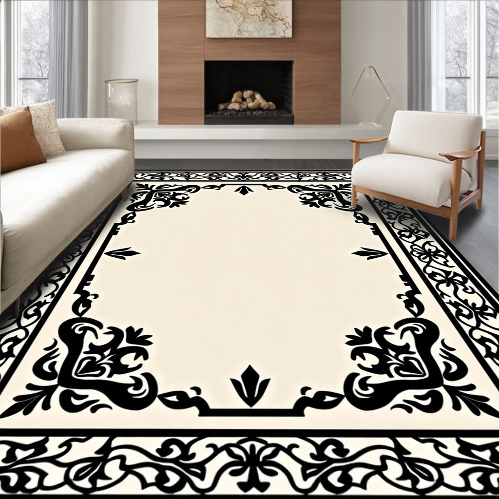 Black And White Ornate Floral Border Rug