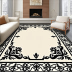Black And White Ornate Floral Border Rug