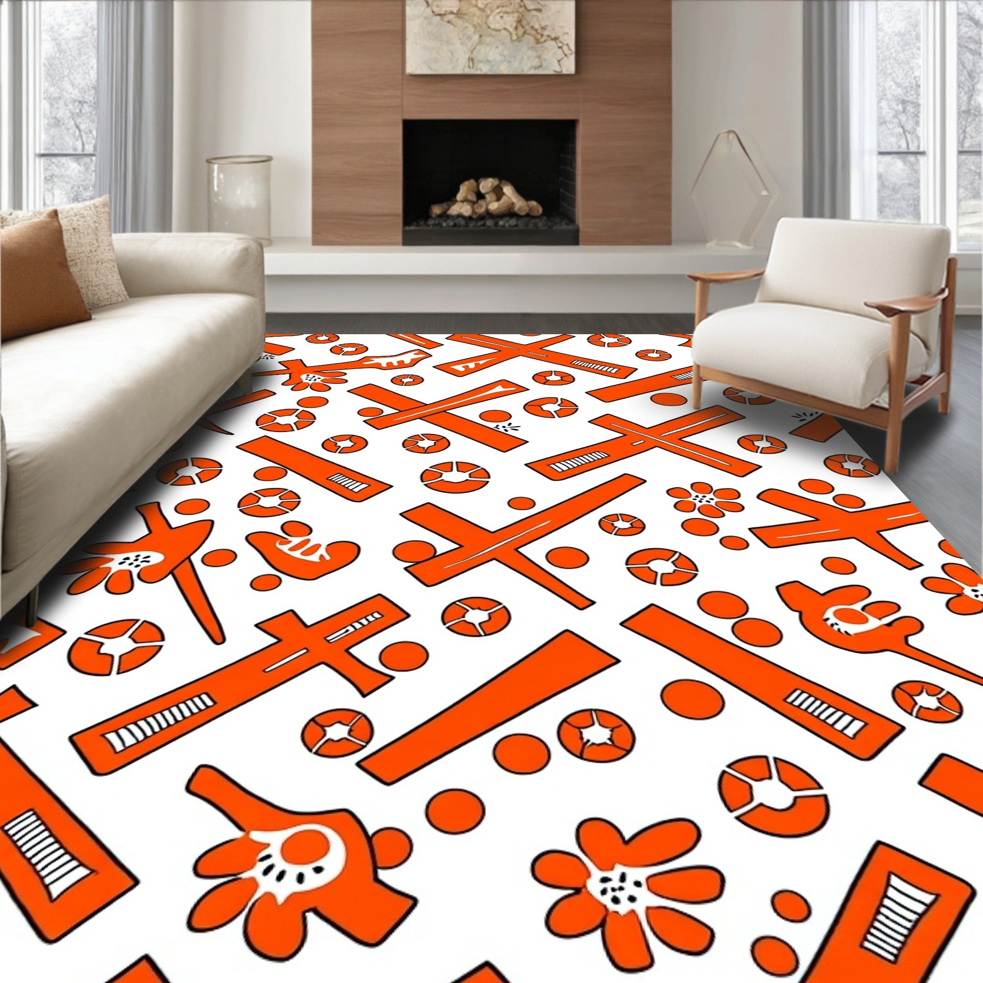 Abstract Orange Cross Flower Design Rug