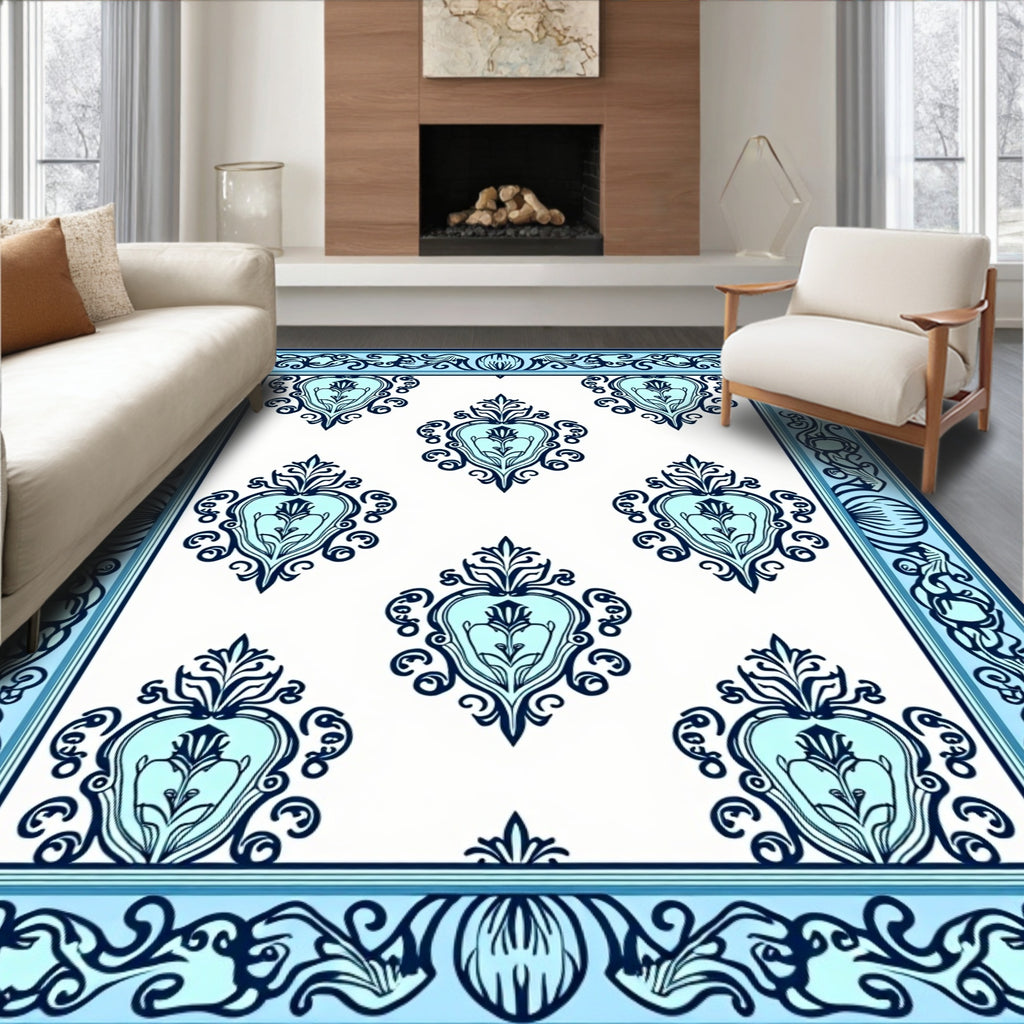 Light Blue Navy Damask Pattern Rug