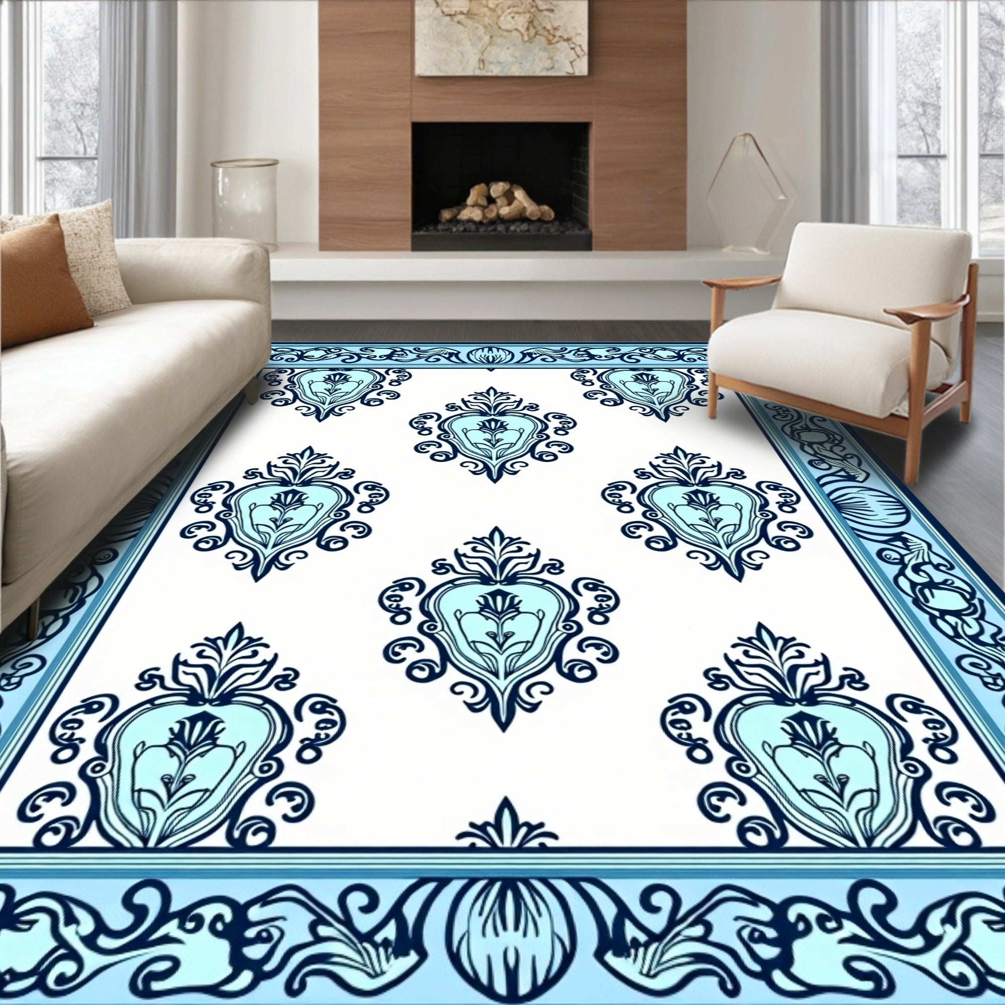 Light Blue Navy Damask Pattern Rug
