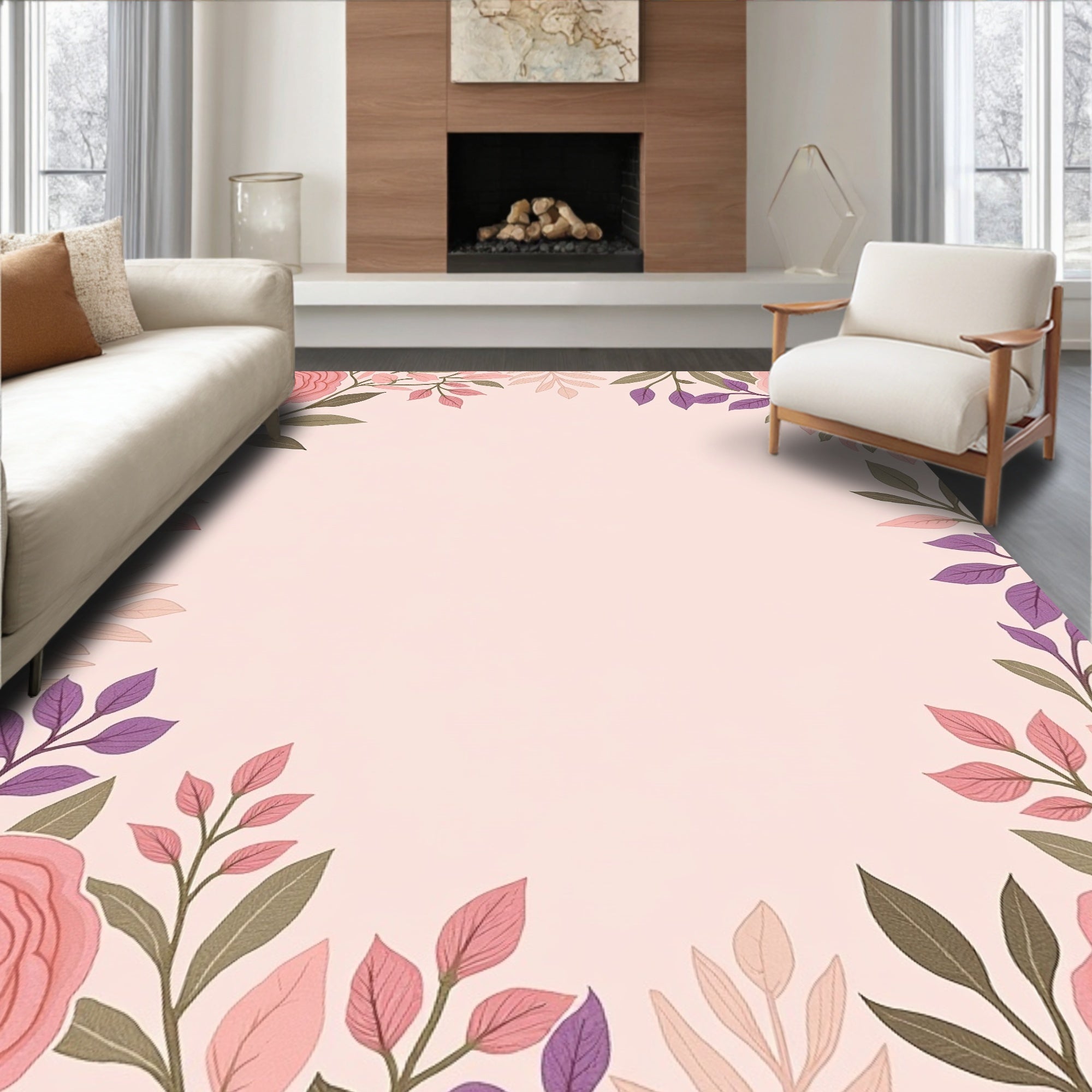 Soft Pink Floral Branches Rug