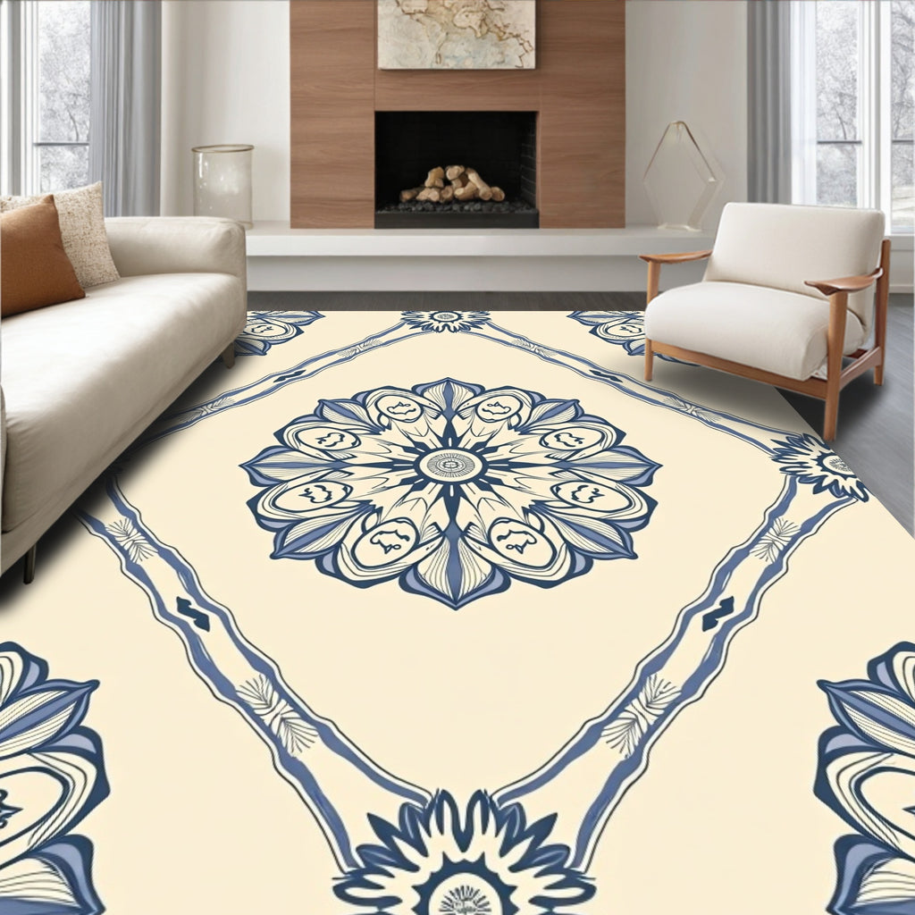 Floral Medallion Cream Blue Pattern Rug