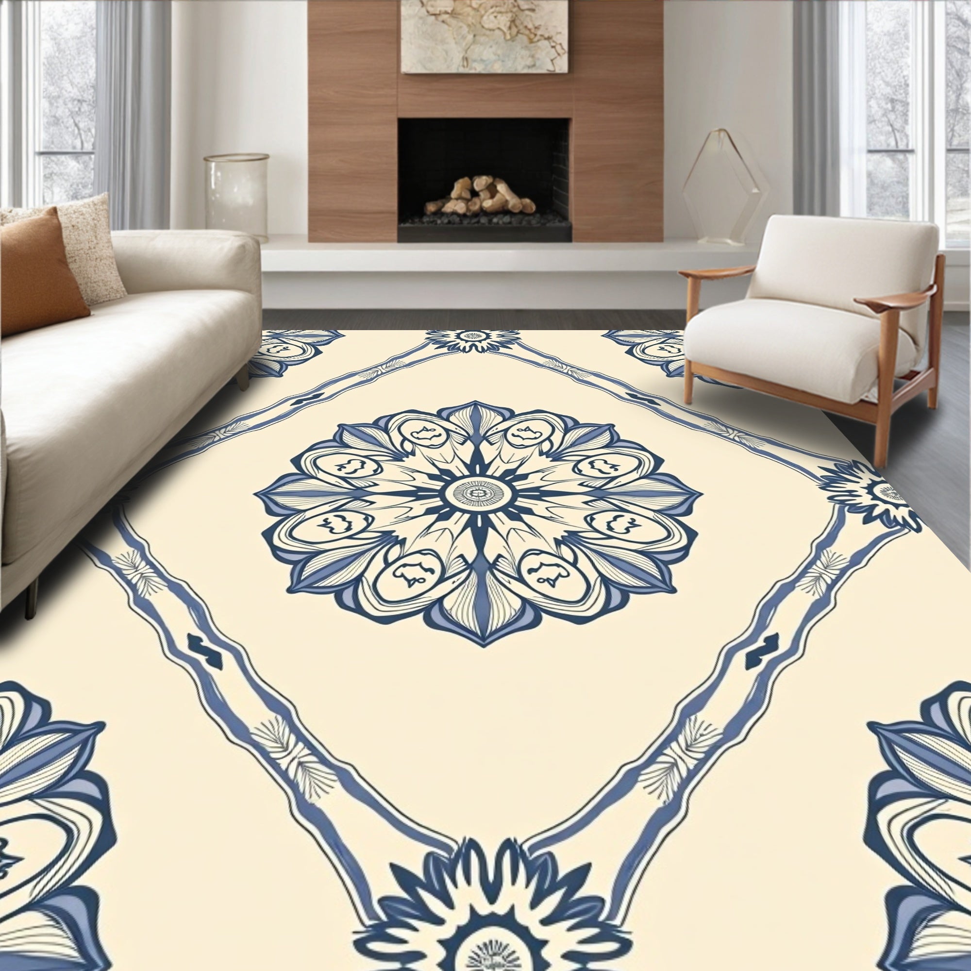 Floral Medallion Cream Blue Pattern Rug